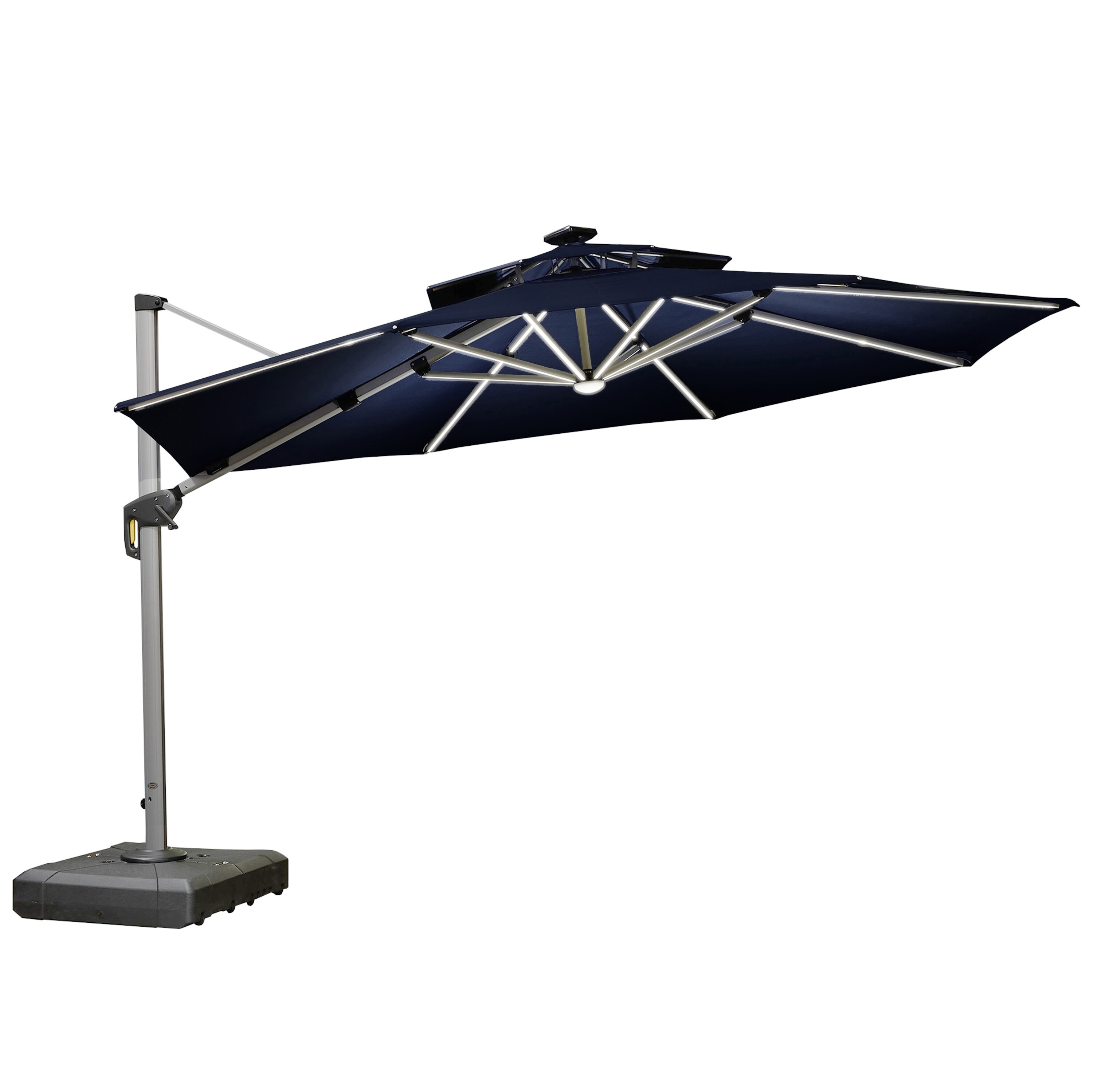 PURPLE LEAF LSGLRRDT12-NB 12-ft Aluminum Navy Crank Cantilever Patio Umbrella with Lights and