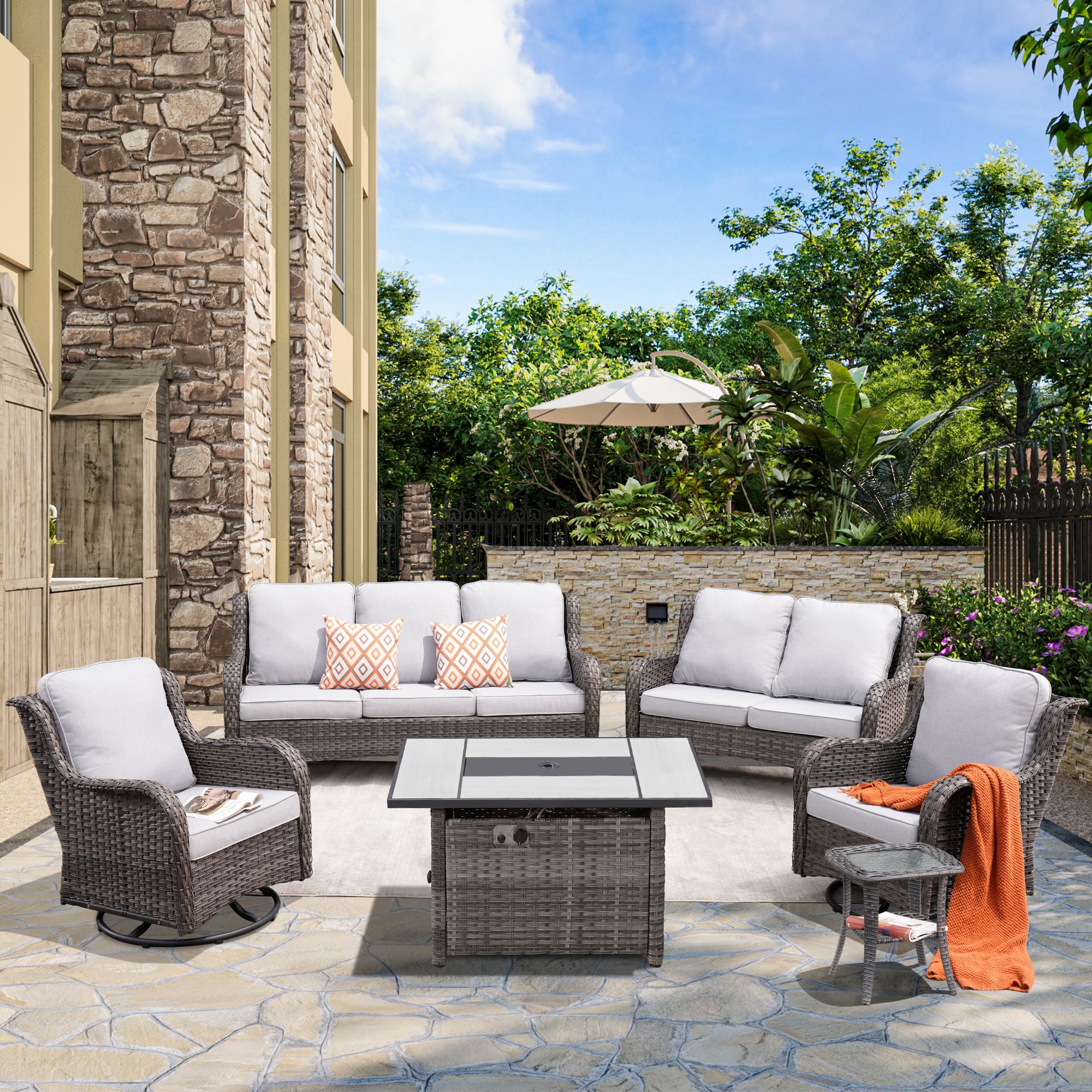 Ovios RFPGNTC4-6Y 6-Piece Wicker Patio Sofa Conversation Set with Gray Cushions