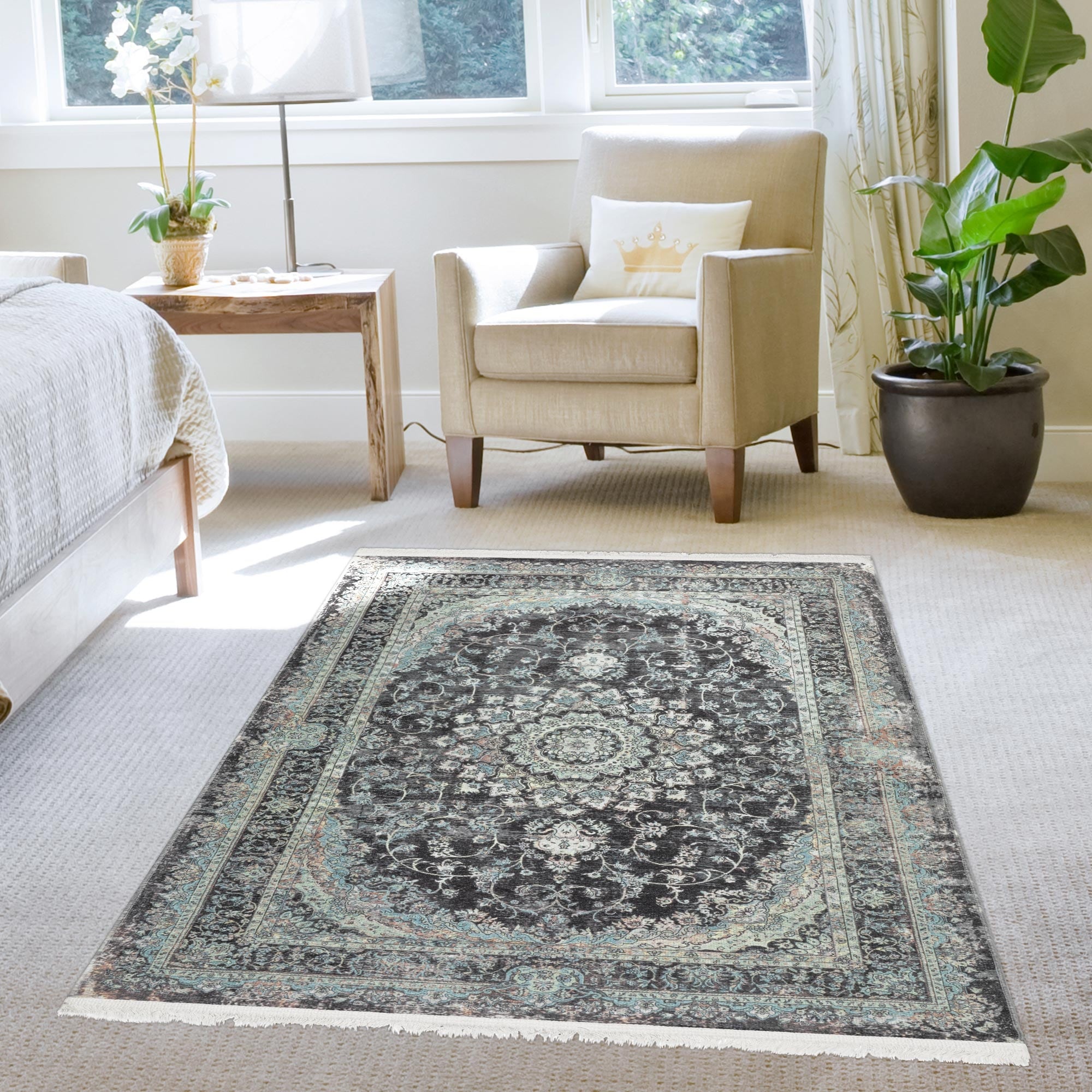 Ottomanson EFF3608-4X6 Effect 4 x 6 (ft) Flatweave Cotton Black Medallion 5508 Rectangular Indoor Medallion Oriental Machine washable Area rug