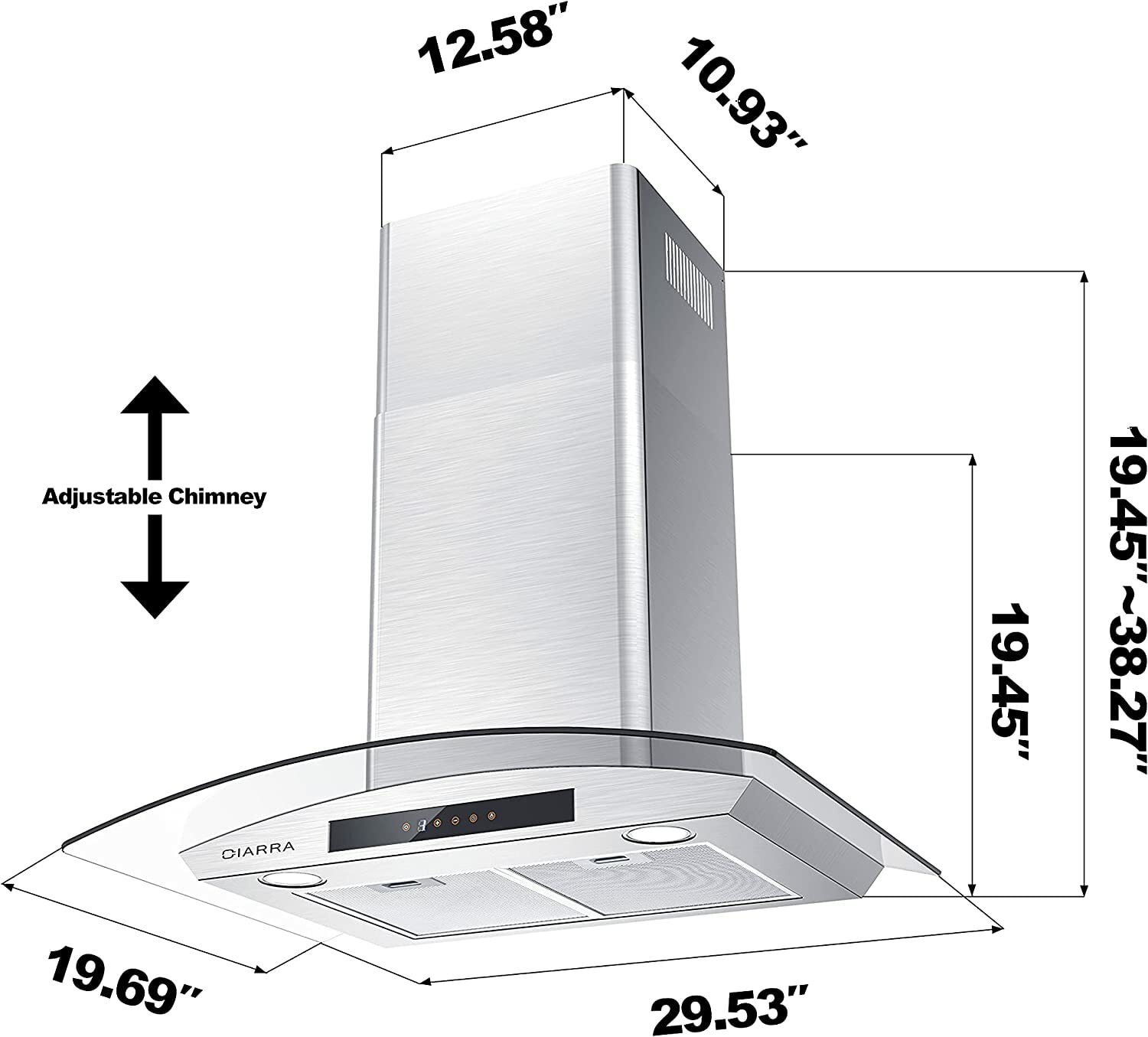 CIARRA CAS75302 Ductless Range Hood 30 inch 450 cFM Wall Mount Vent Hood  for Stove with Permanent Filter, 3 Speed Fan in Stainless Steel cIARRA