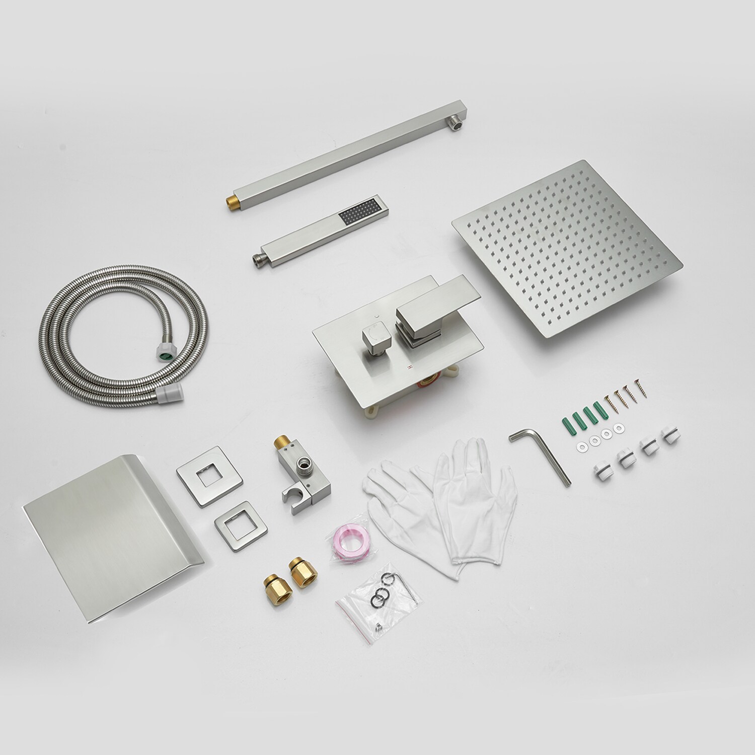 Brushed Nickel 12-Inch Square Rain Shower System with Handheld and Tub Spout