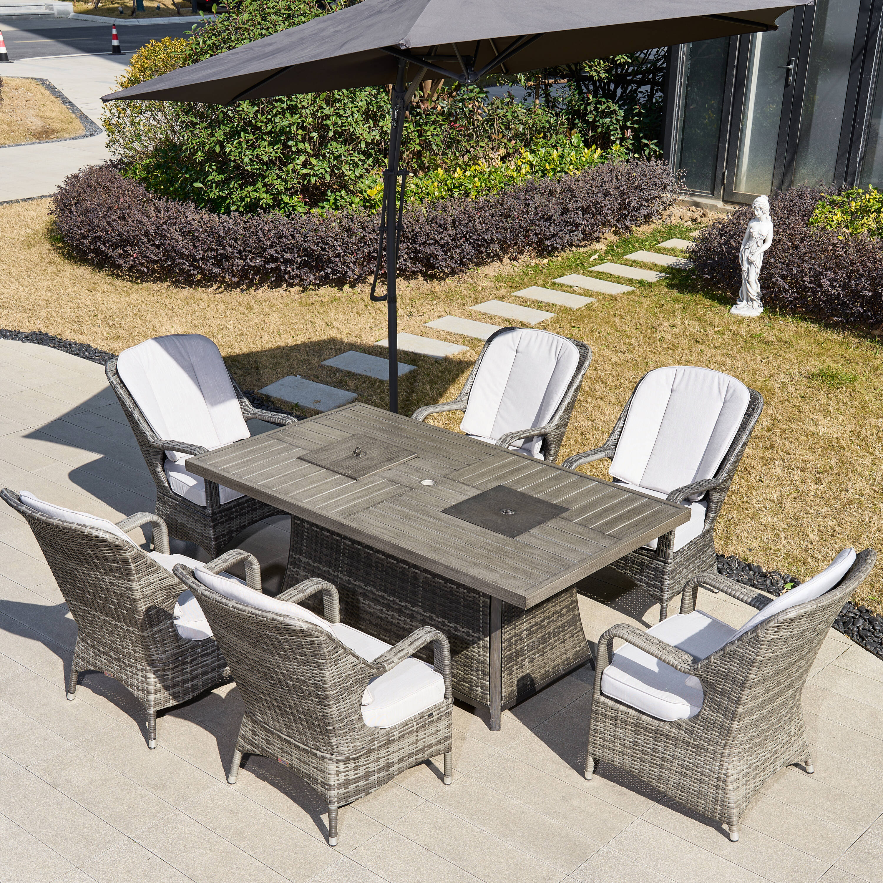 Direct Wicker DWG-1106FI-GR Flame 7 -Piece Gray Wicker Patio Dining Set Wicker Rectangle Table with 6 Gray Cushions Stationary Chairs Fire Pit Included