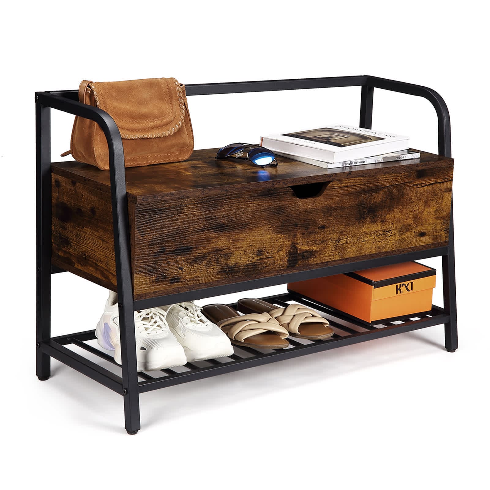Qeetex JXNAG-PHO-0ZMM0JRM Shoe Bench with Storage 33Inch Wooden Shoe Storage Organizer with Flip Top Box Industrial Style Metal Frame Shoe Rack for Entryway Bedroom Closet Hallway Rustic Brown+Black