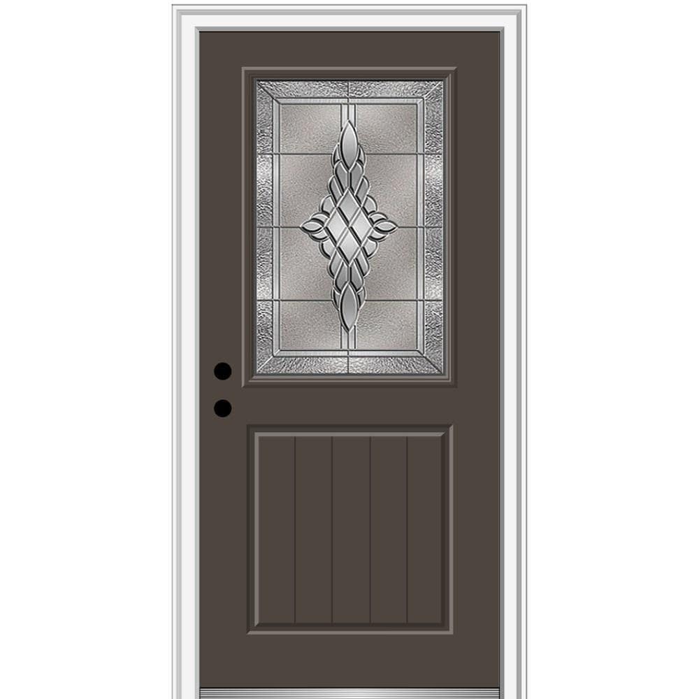MMI DOOR ZZ3667060R 32-in x 80-in x 4-9/16-in Fiberglass Half lite Right-hand inswing Brown Painted Prehung Front Door with Brickmould Insulating core