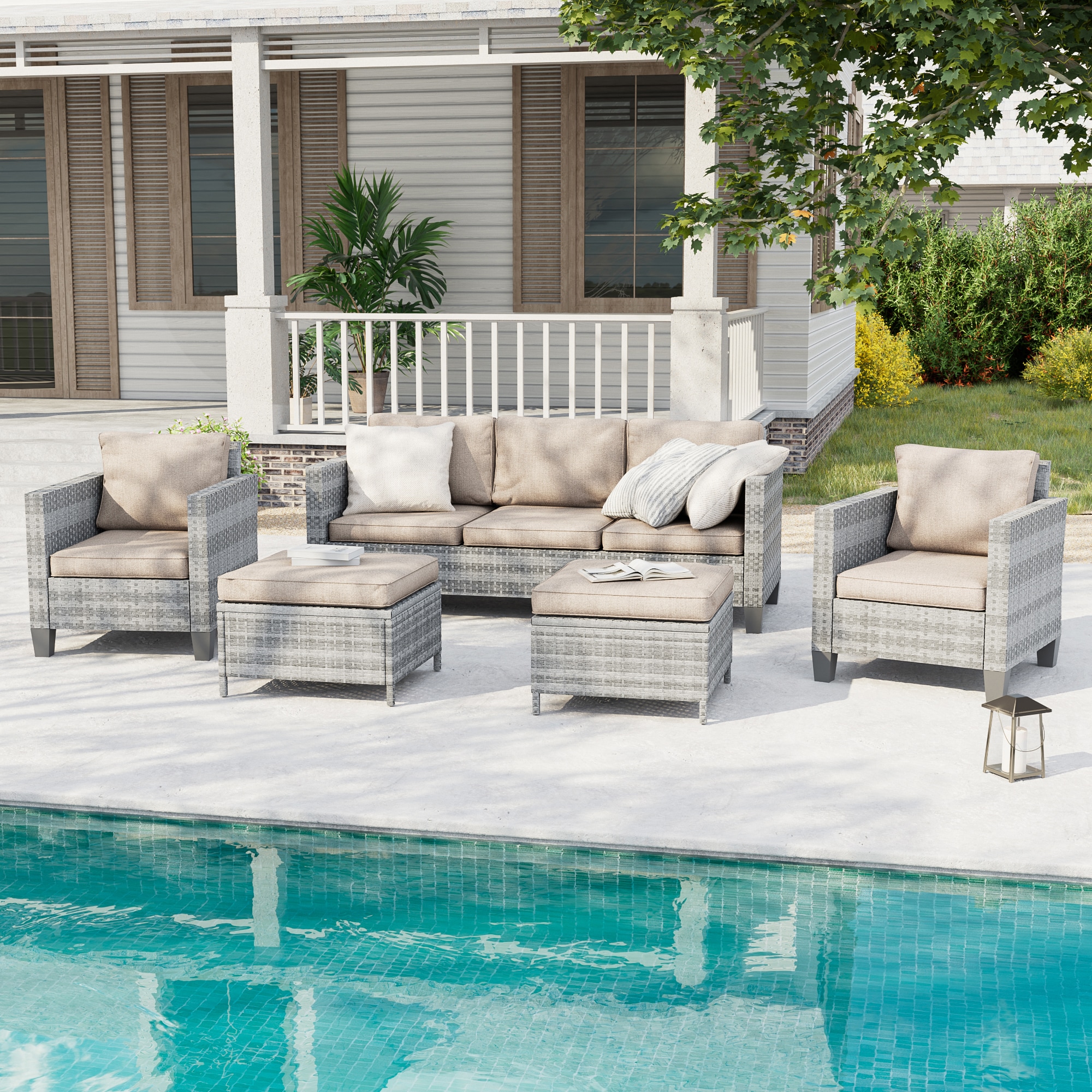 ACEGOSES LW-115HBG Sereno 5 -Piece Wicker Patio Sofa Conversation Set with Tan Cushions