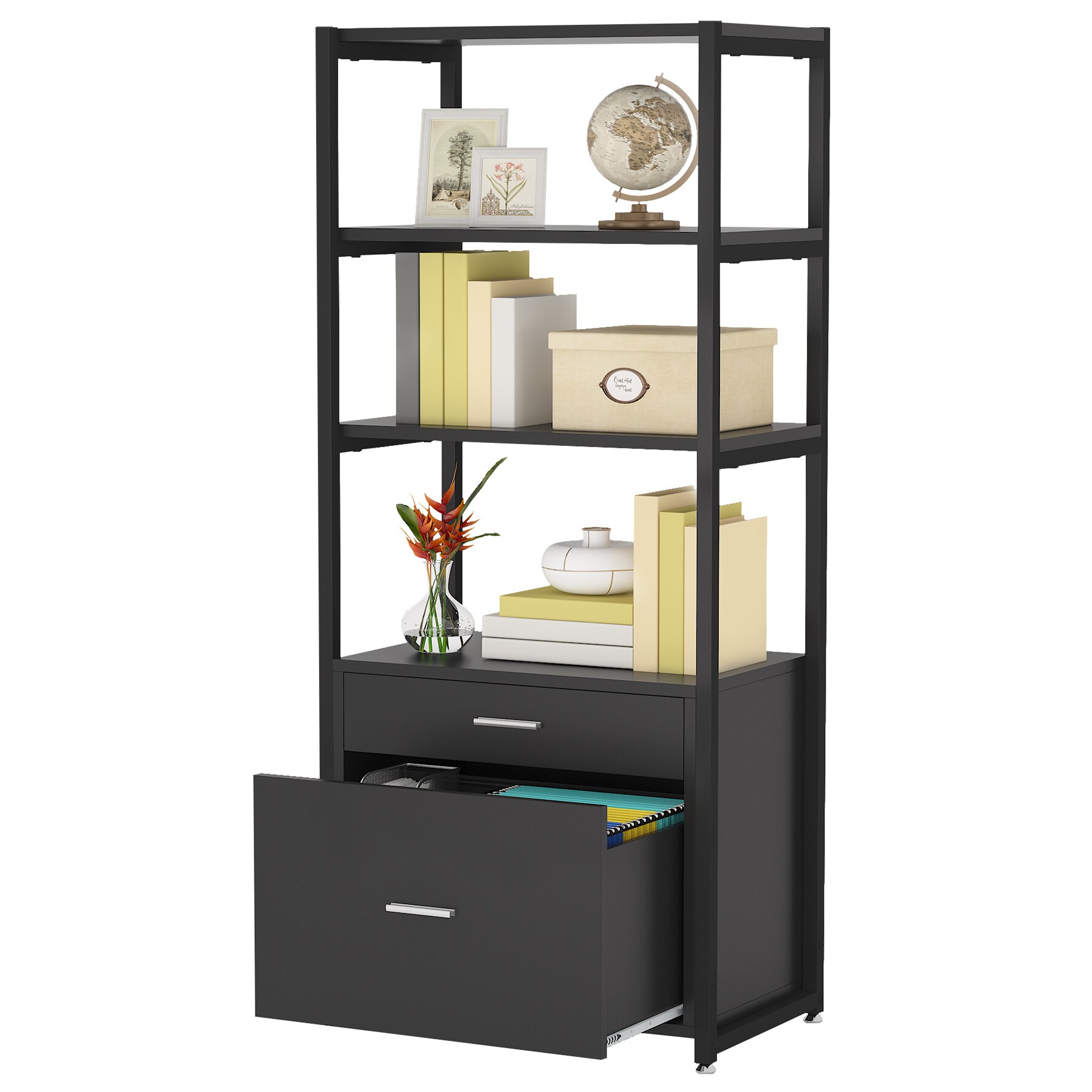 Tribesigns HOGA-F1234  Bookcase Bookshelf, 4-Tier Modern File Cabinet with 2 Drawers, Lateral Filing Cabinet accommodate Legal/Letter / A4 Size for Home Office Organizer, Black