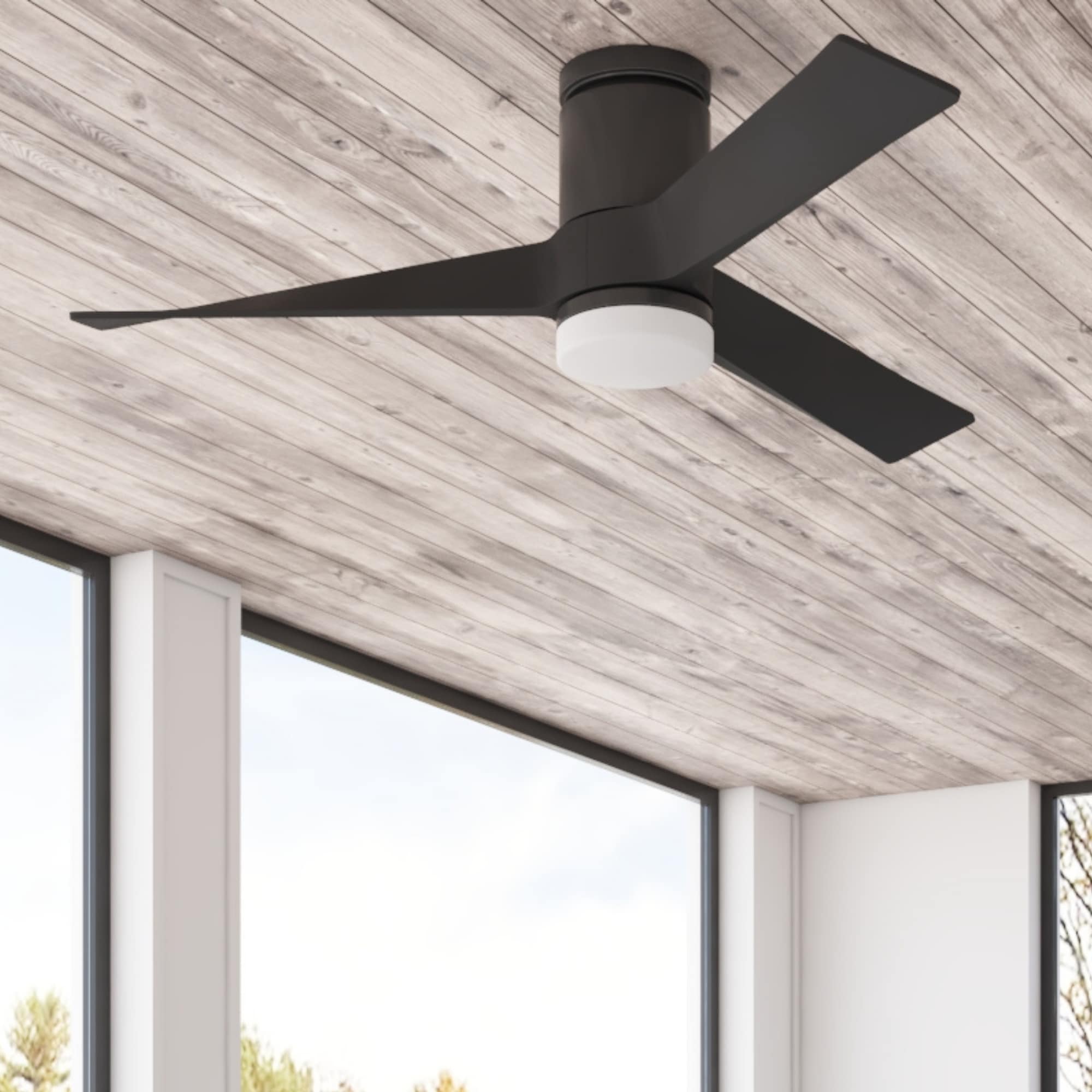 Markey 52-in Matte black Color-changing Indoor/Outdoor Flush Mount Ceiling Fan with Light and Remote (3-Blade) | - Harbor Breeze 43002