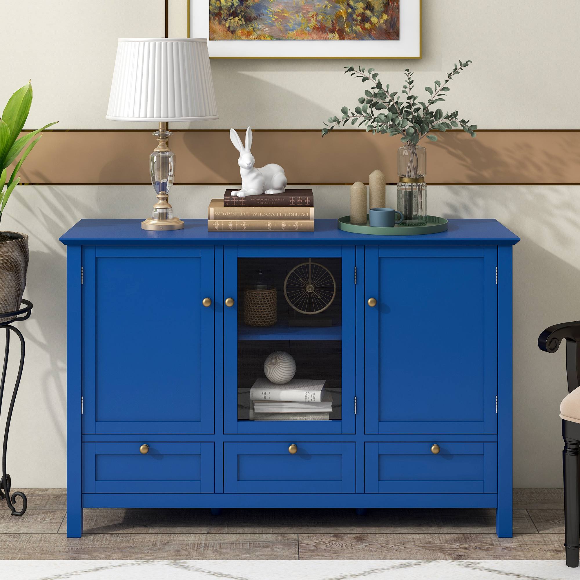 36 Retro Style Pine Console Table with 4 Drawers and 1 Storage Shelf, Blue  - ModernLuxe