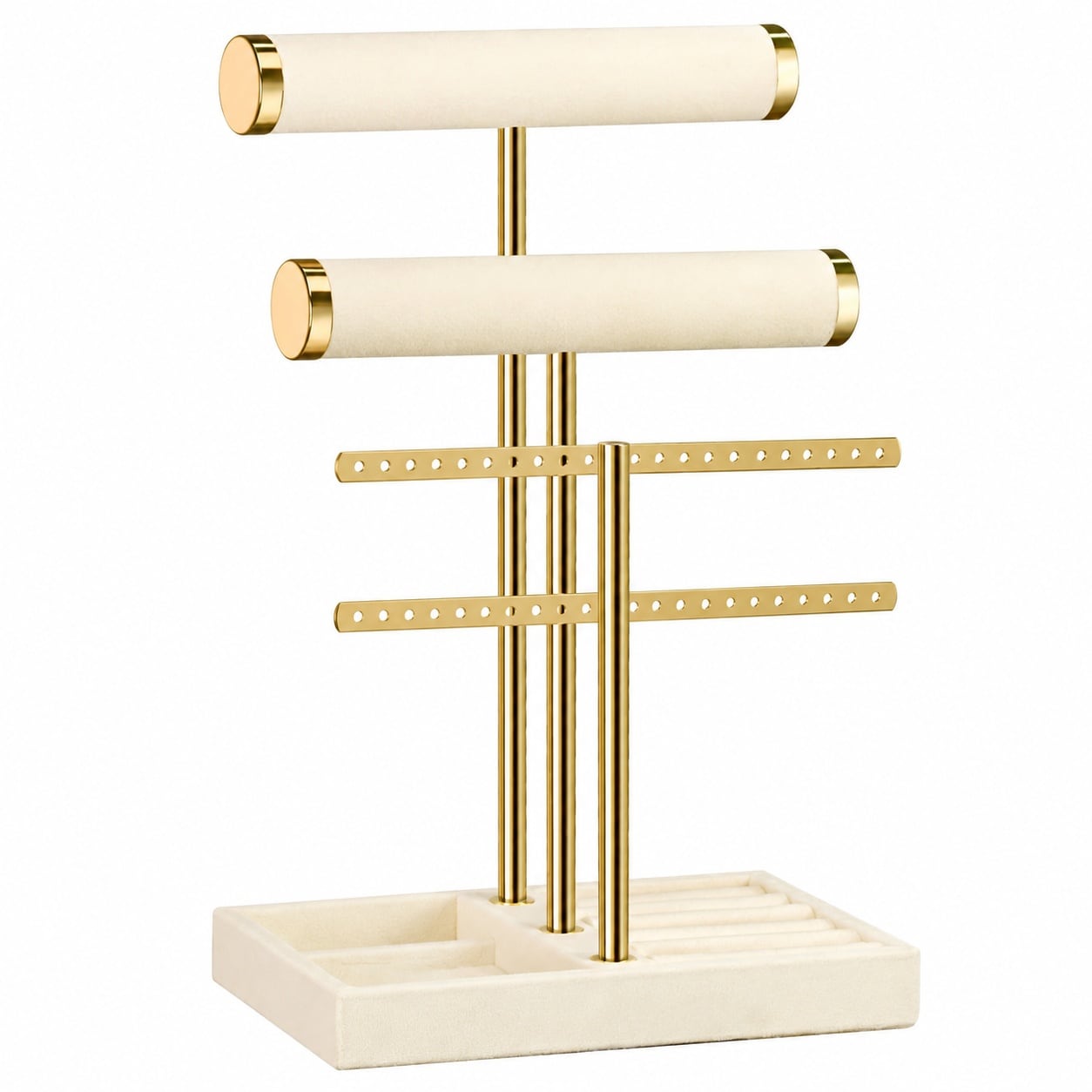 Etokfoks  Beige Velvet Gold Metal 3 Tier T Bar Bracelet Holder Display Stand Modern Jewelry Organizer for Home Store
