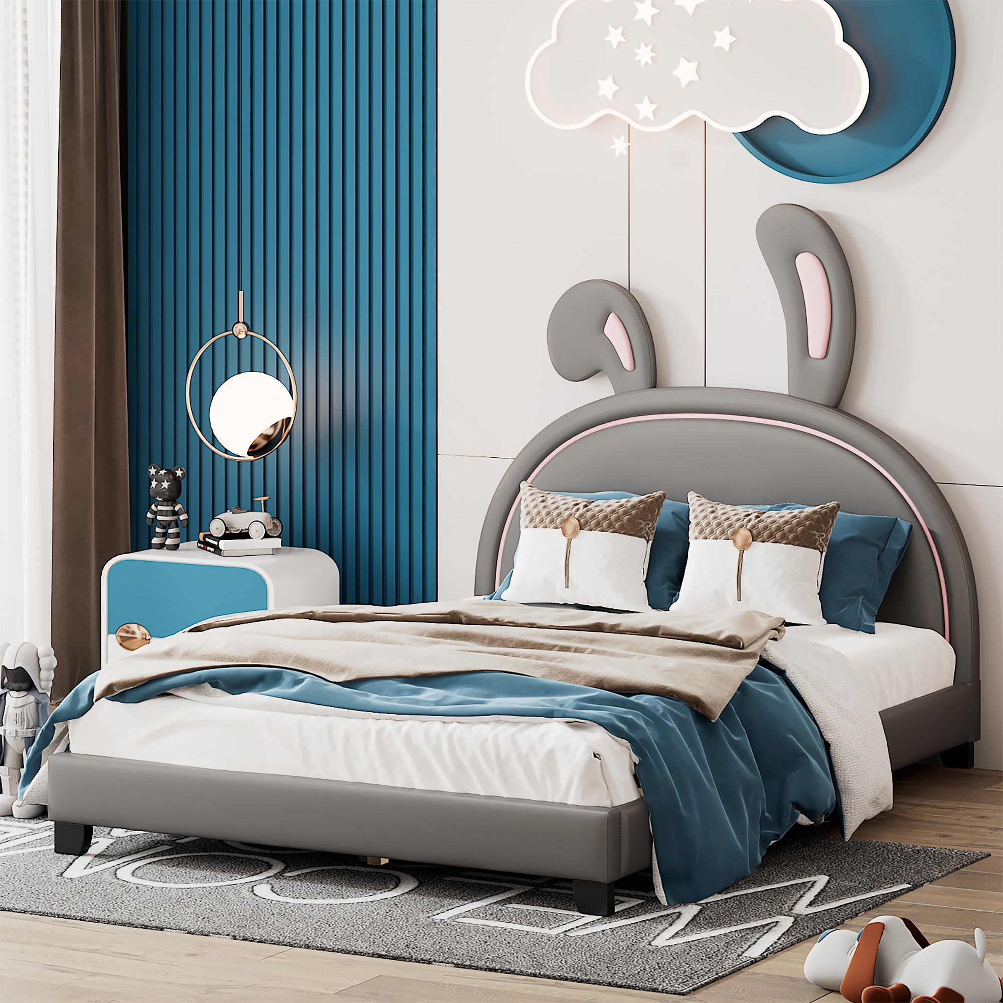 ModernLuxe WF299139AAE Full Size Upholstered Leather Platform Bed with Rabbit Ornament Gray