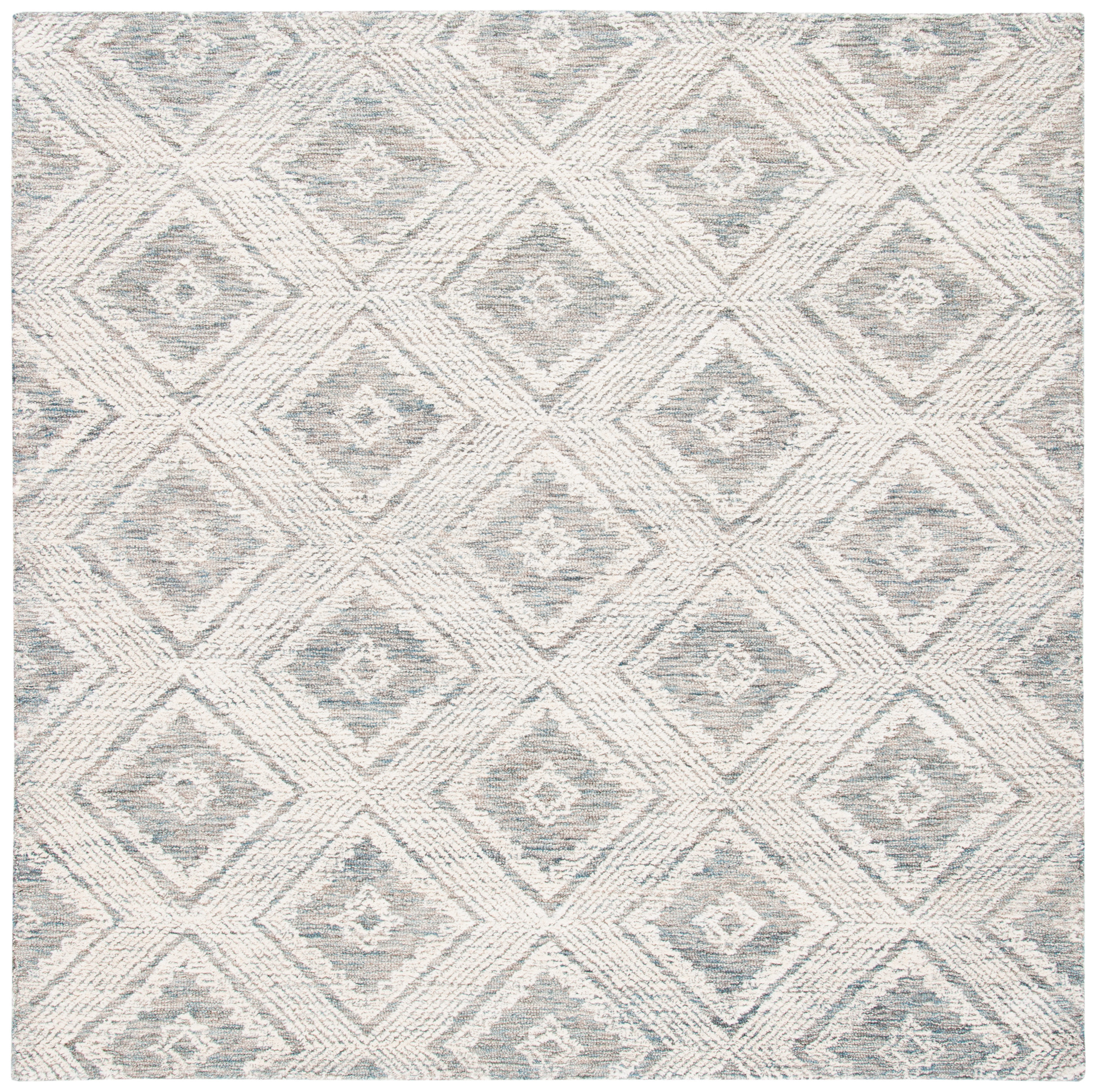 Ivory and Denim Abstract Tufted Wool Square Area Rug