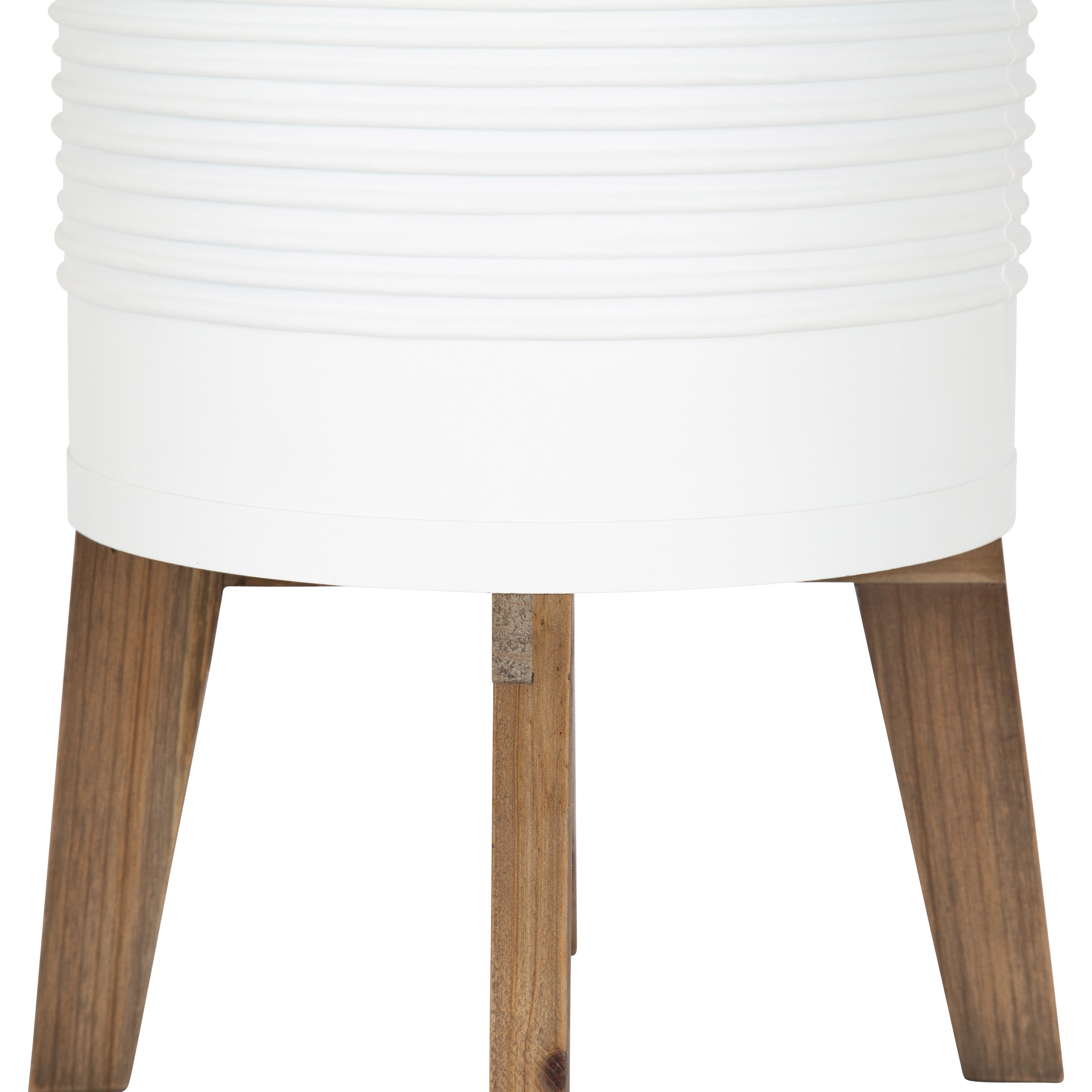 White Metal Planter with Natural Wood Stand, 11.25" Diameter