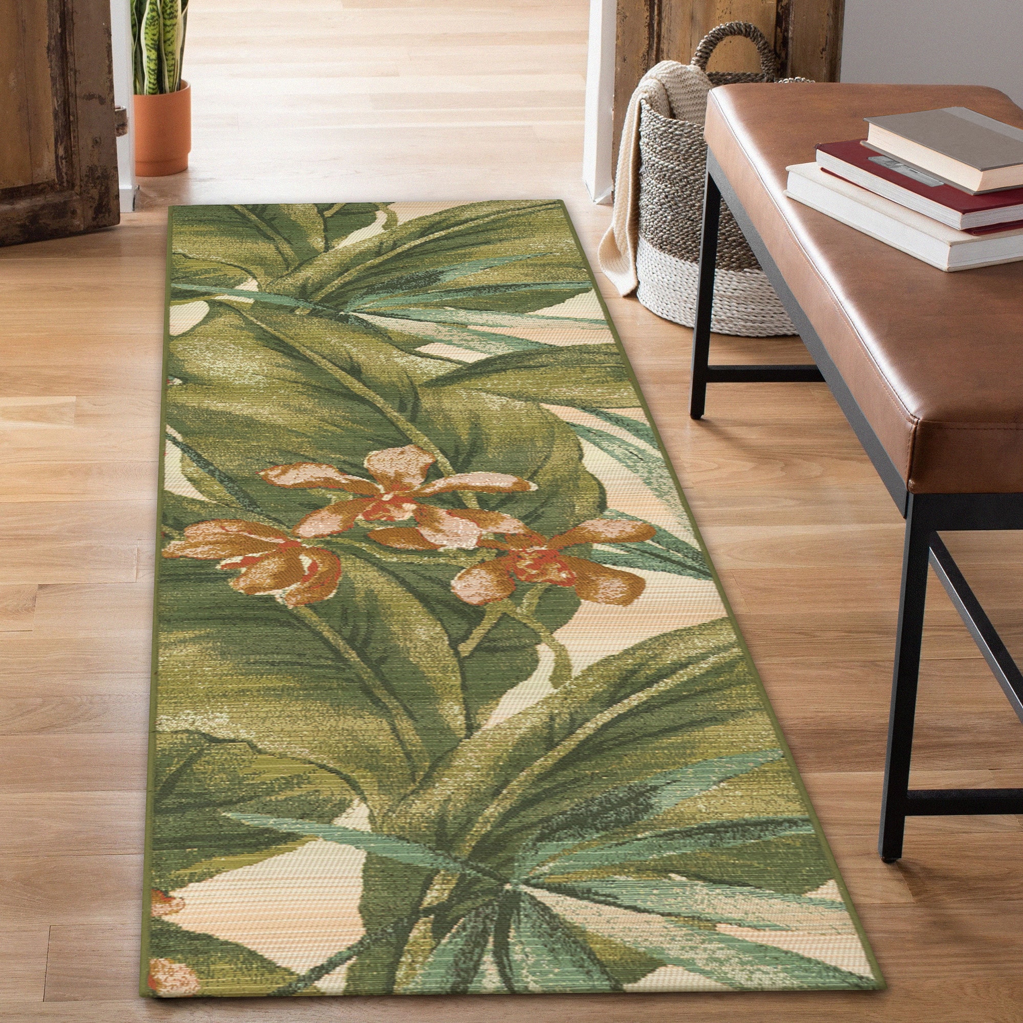 Tropical Elegance Cream & Green Floral Synthetic Area Rug