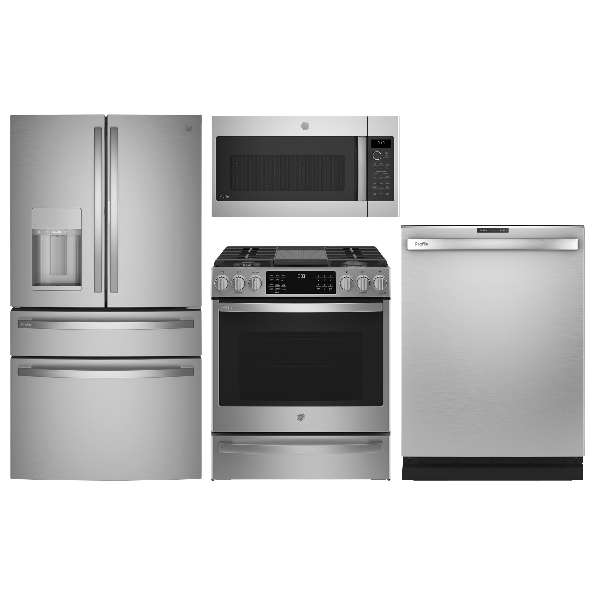 GE Profile 3 Piece Kitchen Appliance Package with PVD28BYNFS 36 Inch Smart  Freestanding 4 Door French Door Refrigerator, PB935YPFS 30 Inch Smart  Freestanding Electric Range and PDT715SYNFS 24 Inch Built-In Bar Handle