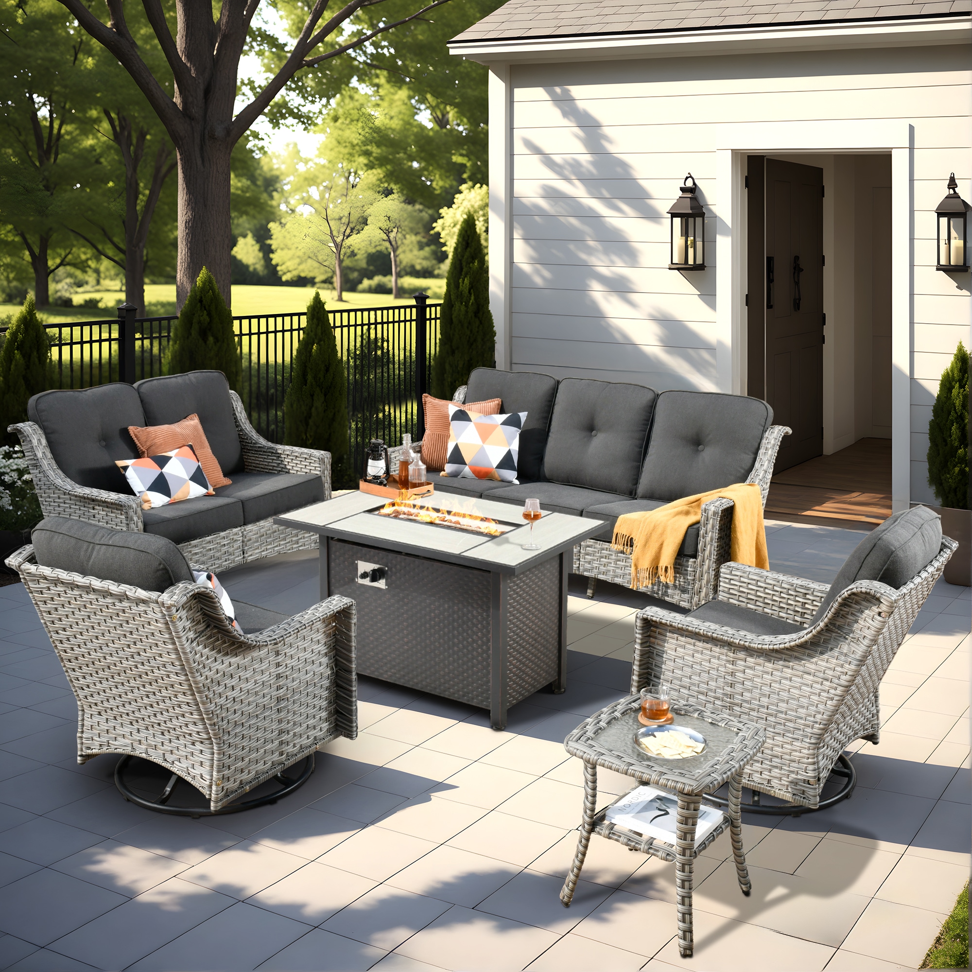 Pouuin SCFPAD106 6 -Piece Wicker Patio Sofa Conversation Set with Black Cushions