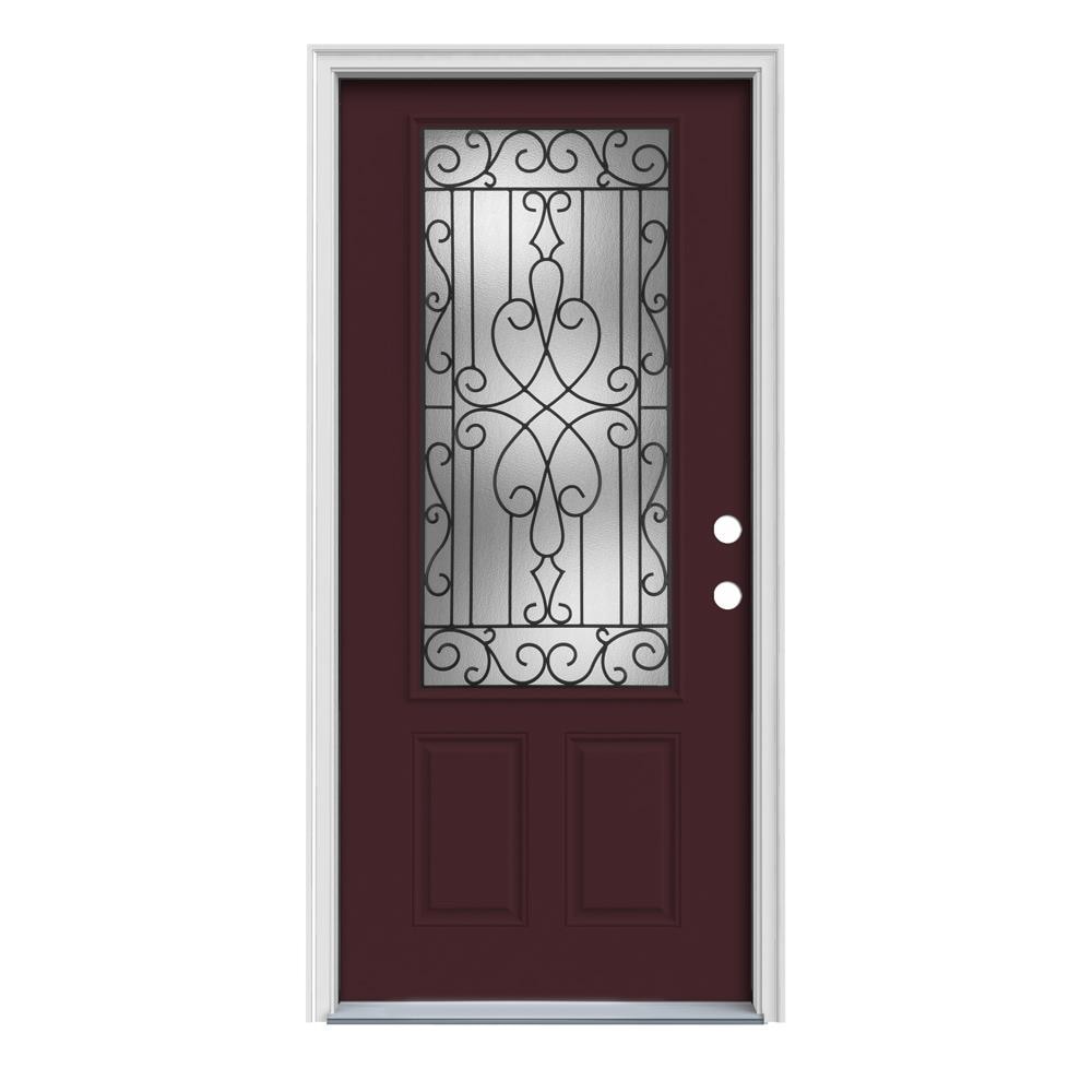 JELD-WEN LOWOLJW166700515 Wyngate 36-in x 80-in x 4-9/16-in Steel 3/4 lite Left-hand inswing Currant Painted Prehung Front Door with Brickmould Insulating core