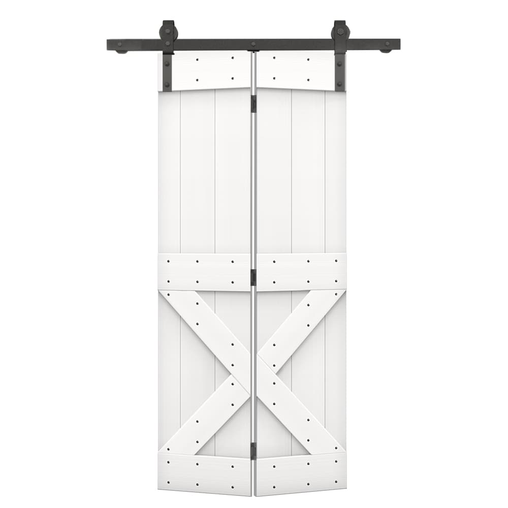 CALHOME BF1100S+011-24W2 24-in x 84-in Pure White Stained X-frame Pine Wood Solid core Single bifold Barn Door (Hardware Included)