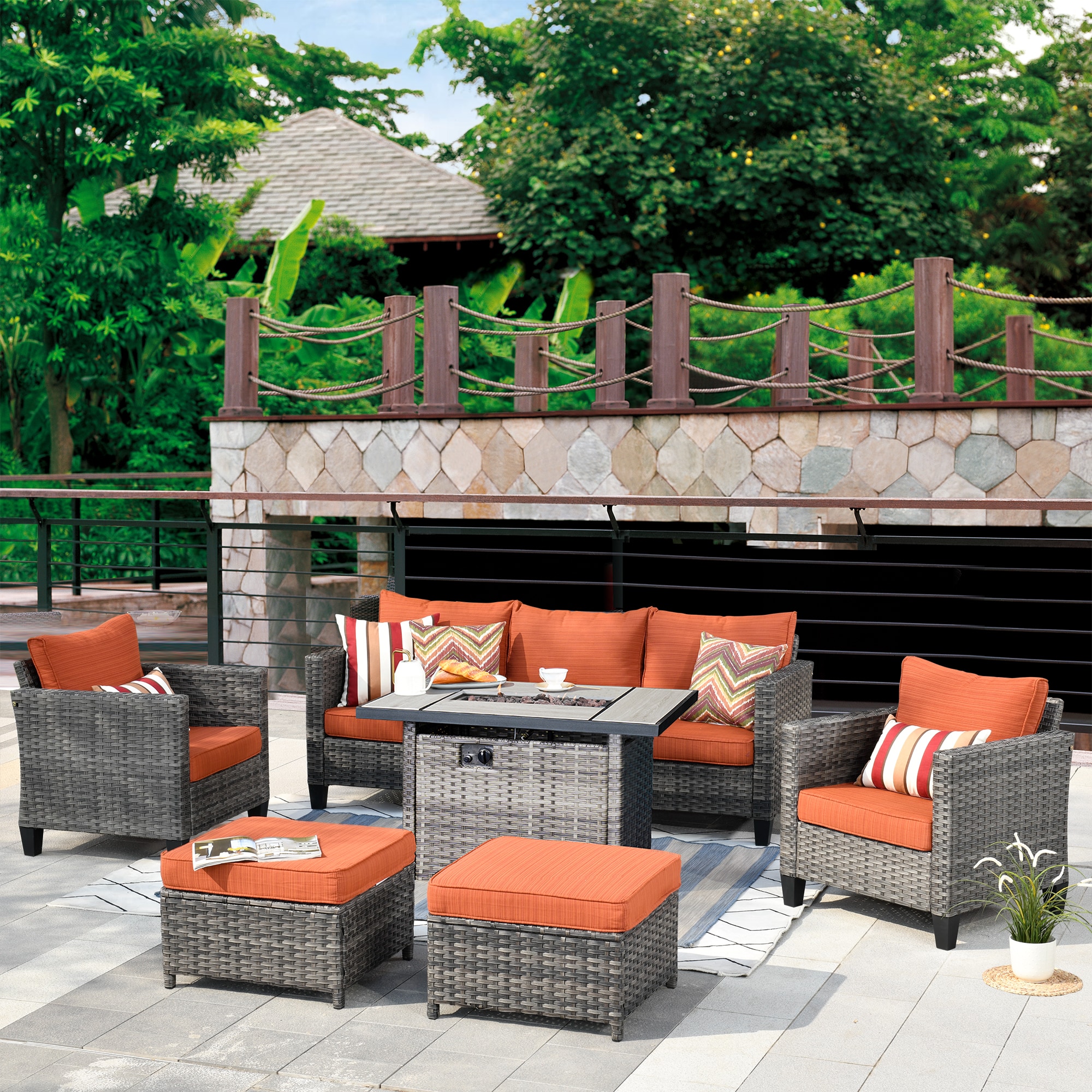 Pouuin SRFGRS800 6 -Piece Wicker Patio Sofa Conversation Set with Orange Cushions