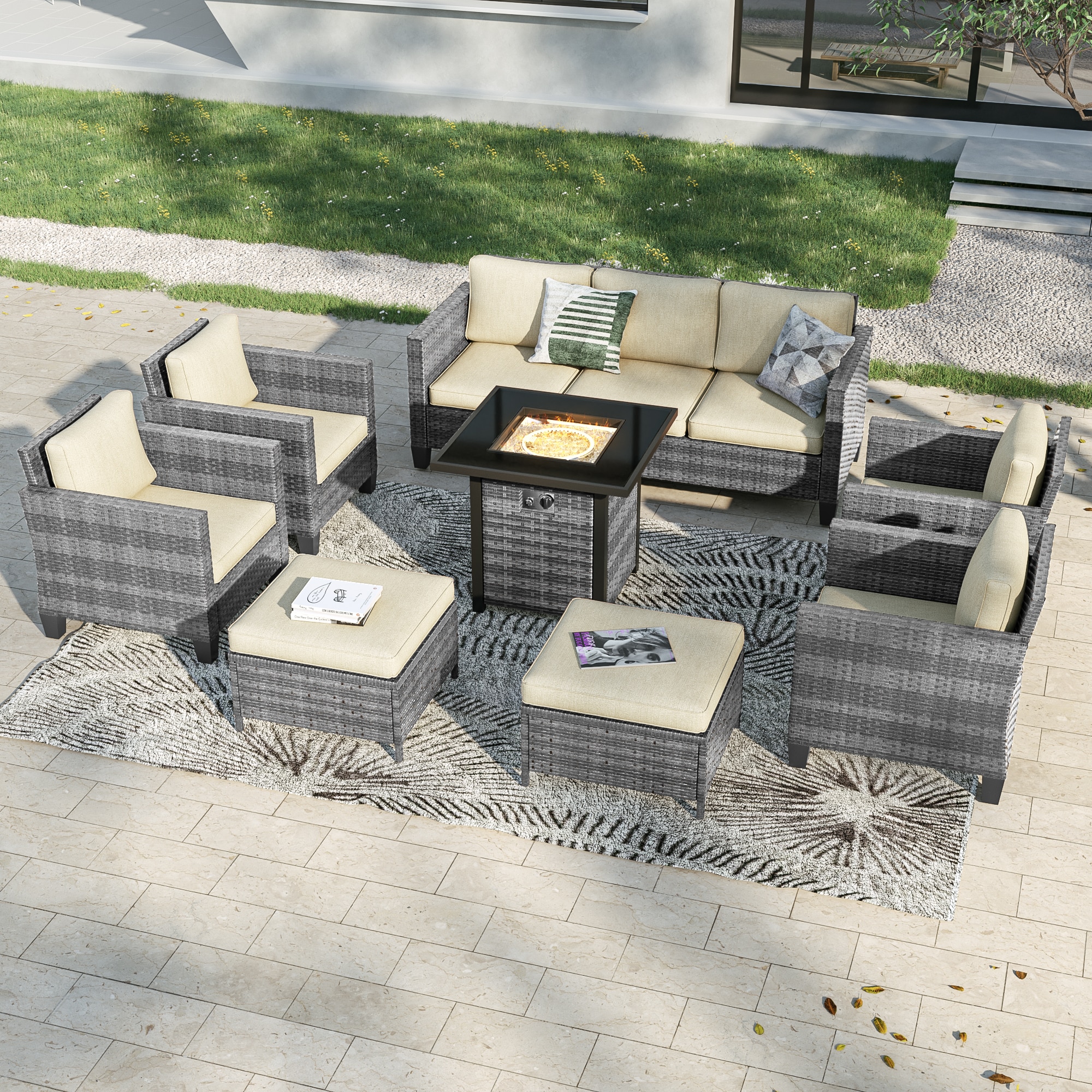Sonkuki SD-PS-115HBG-S2T4 Patio Conversation Set 8 -Piece Wicker Patio Sofa Conversation Set with Beige Cushions
