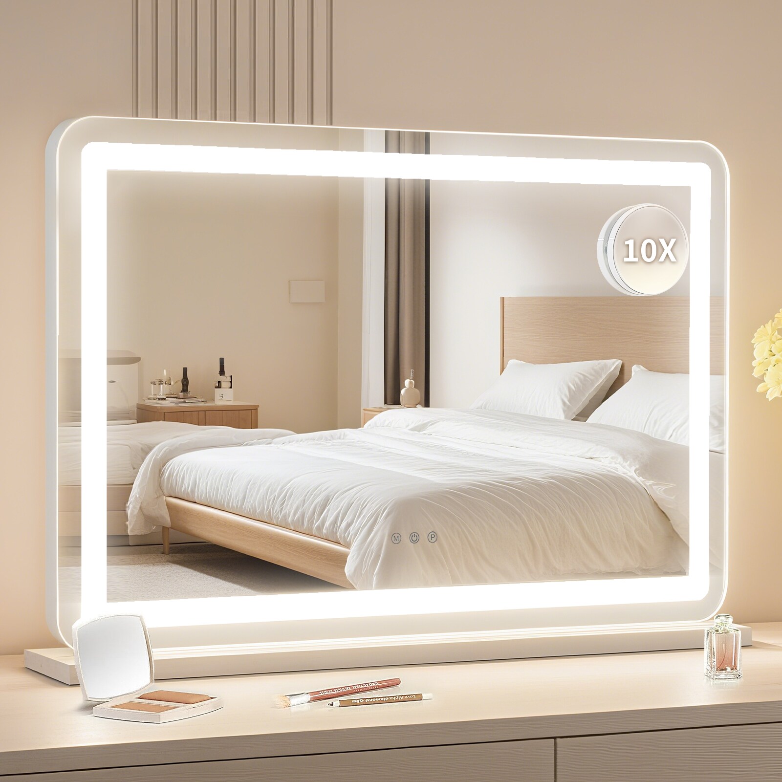 IdealHouse LED Lighted Makeup Mirror 3 Color Modes 10X Magnification Smart Touch 2 in 1 Vanity for Tabletop or Wall Mount Durable Metal Frame Bedroom Bathroom