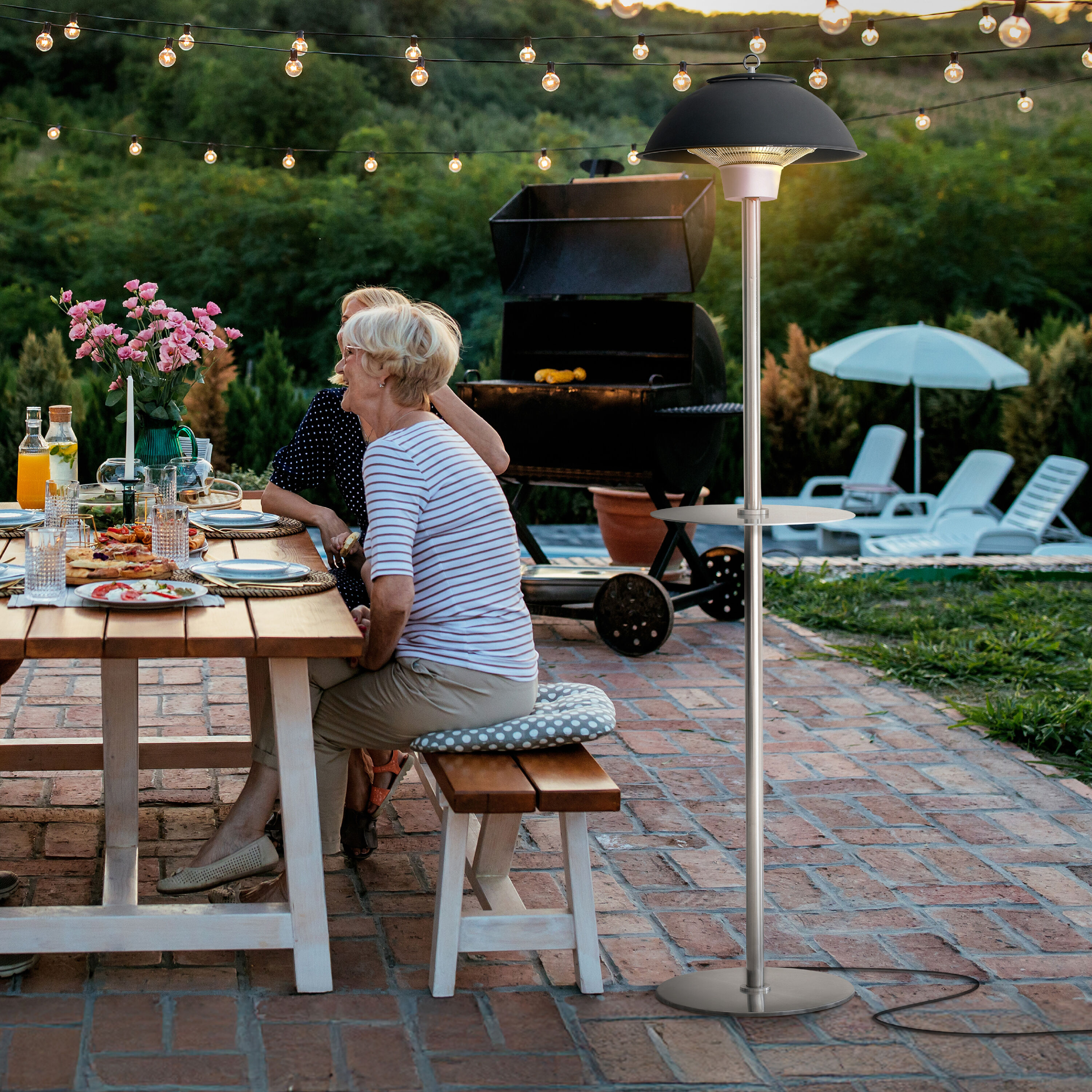 Hanover Black Stainless Steel Electric Infrared Patio Heater with Built-in Table