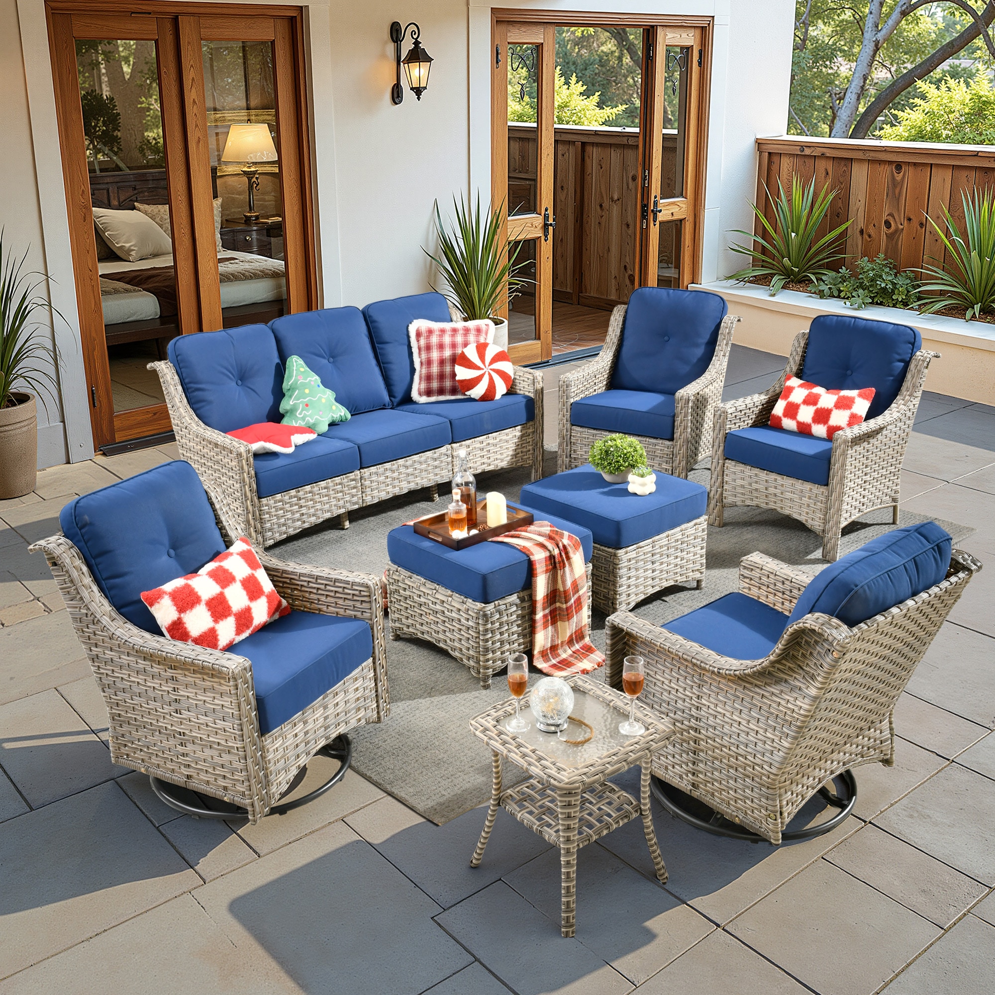 ALTRIGUS 6L-YZPAD708-AL 8 -Piece Wicker Patio Sofa Conversation Set with Navy Cushions