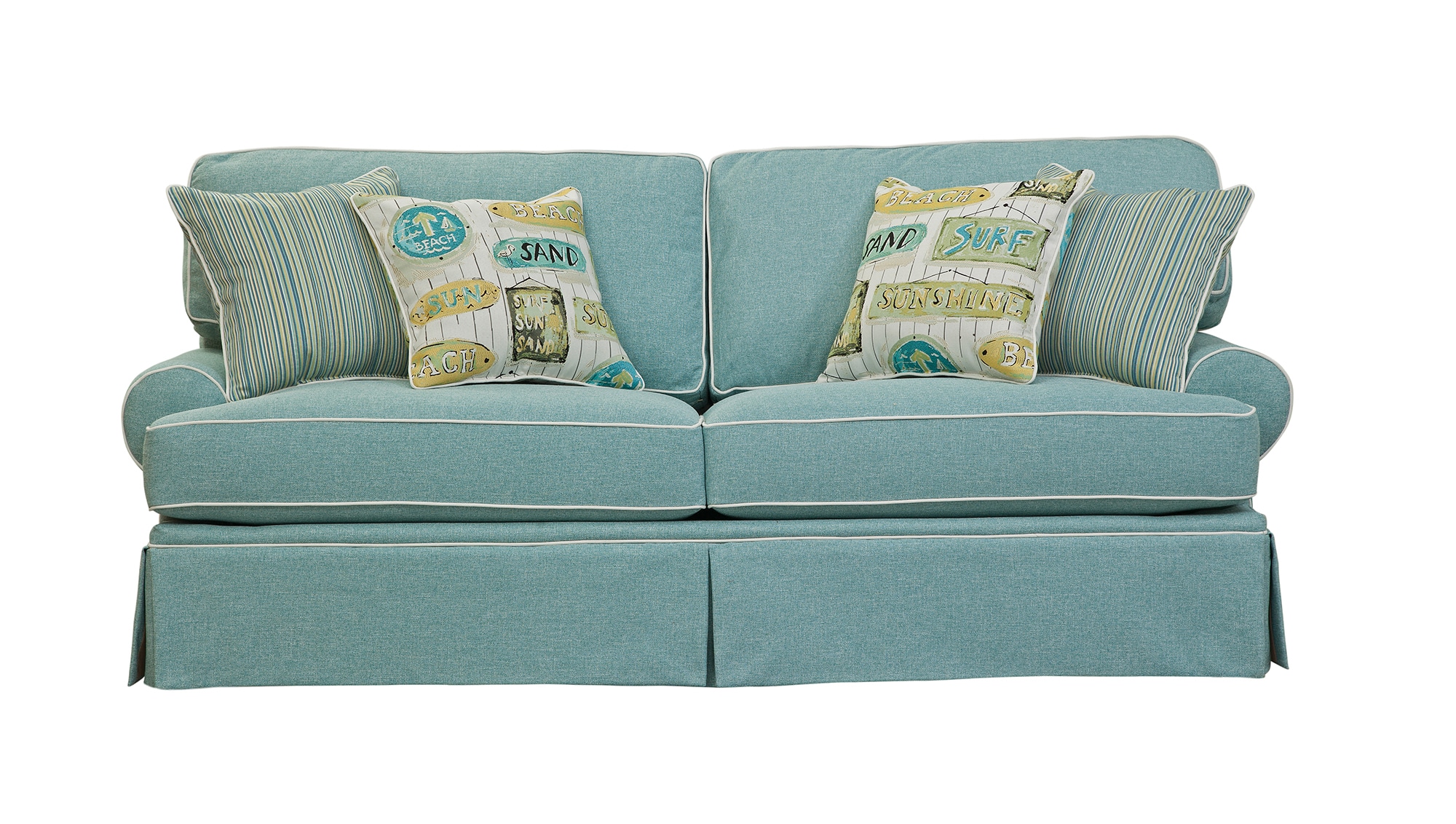 Aqua Linen Round Arm Sofa with Coastal Pillows