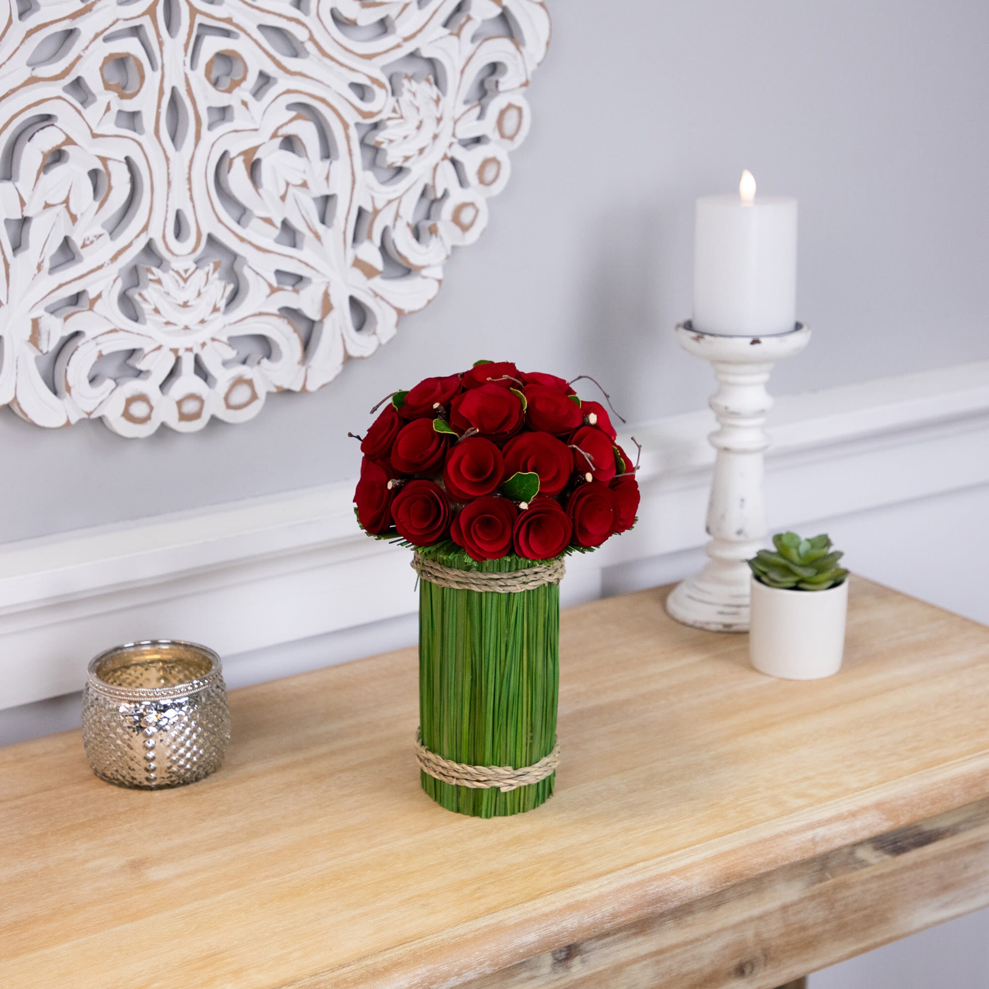 Northlight Wood Roses and Preserved Grass Artificial Bouquet ...