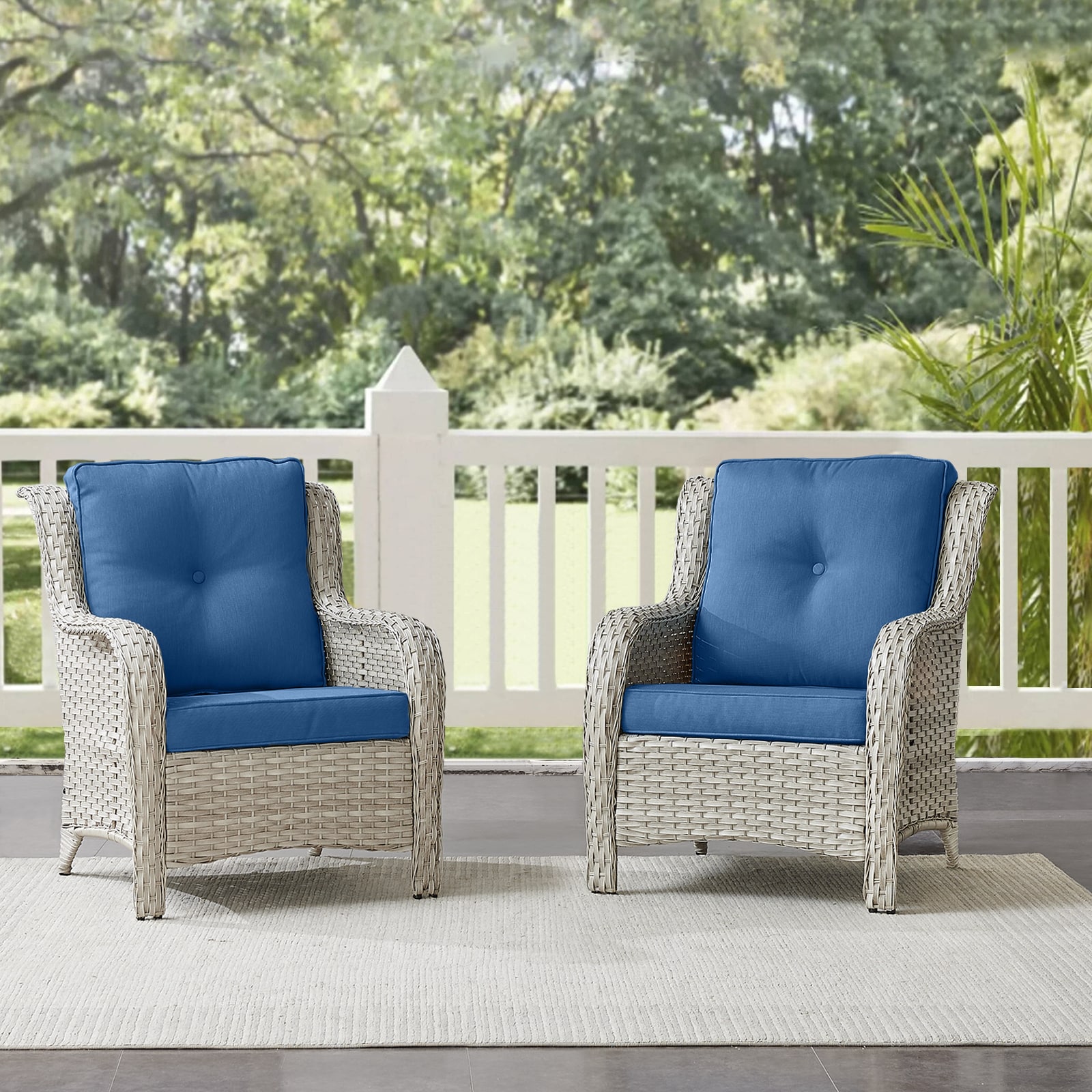  PA076-1 PACHAIRS-T Set of 2 Wicker Light Beige Steel Frame Stationary Conversation Chair with Navy Cushioned Seat