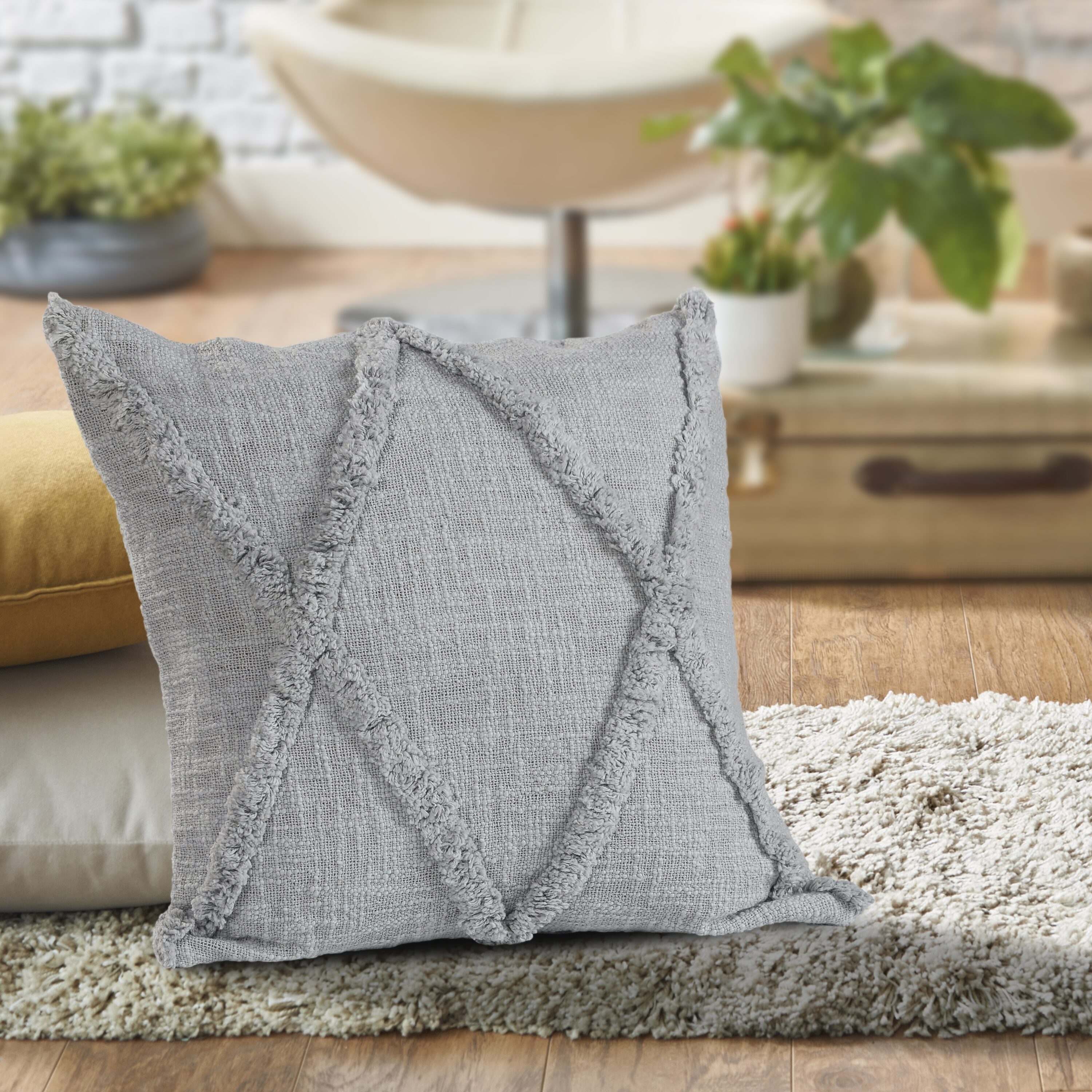 Gray Diamond Tufted Cotton Square Throw Pillow, 18"
