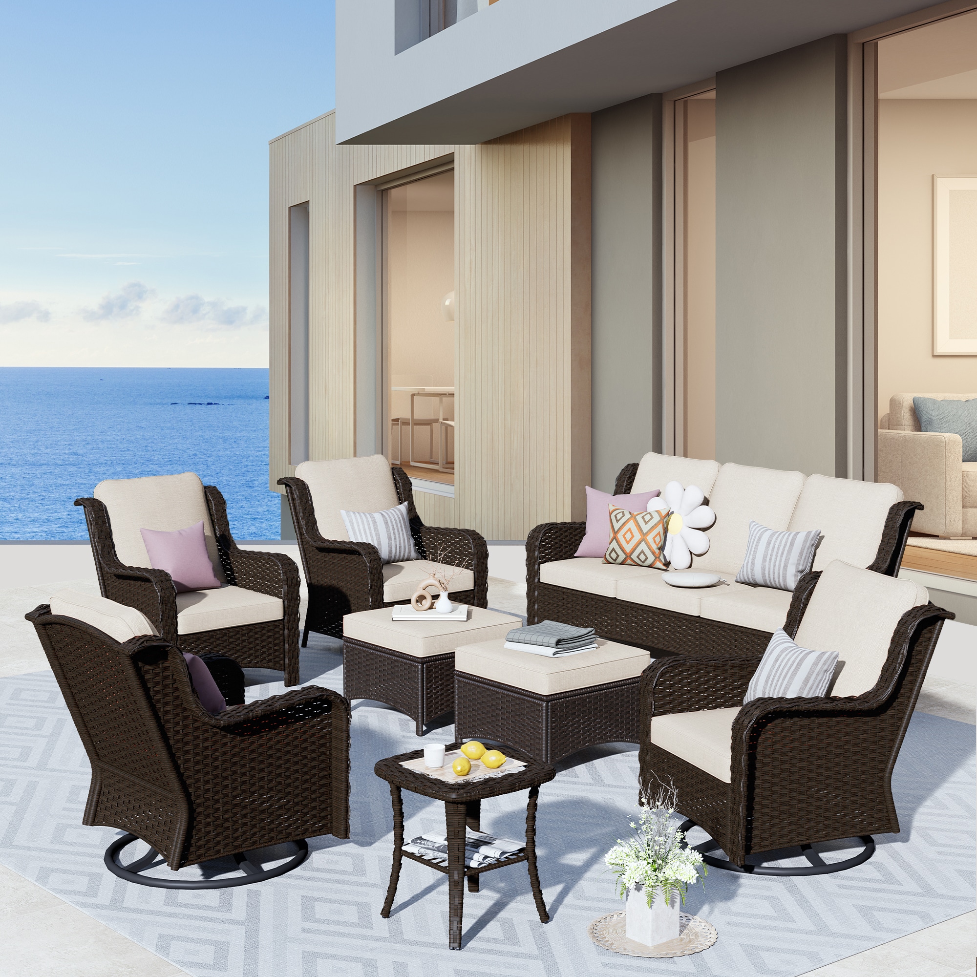 XIZZI XCTRC6184 Vesta 8 -Piece Wicker Patio Sofa Conversation Set with Off-white Cushions