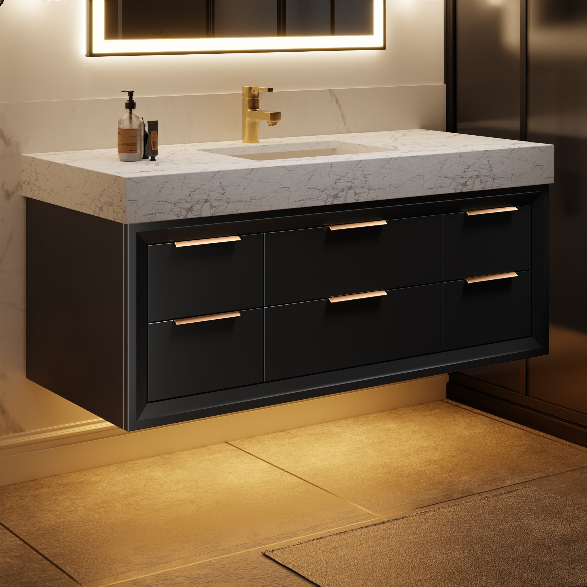 ExBrite XB4821V9BL 48-in Black Undermount Single Sink Floating Bathroom Vanity with White Engineered Stone Top