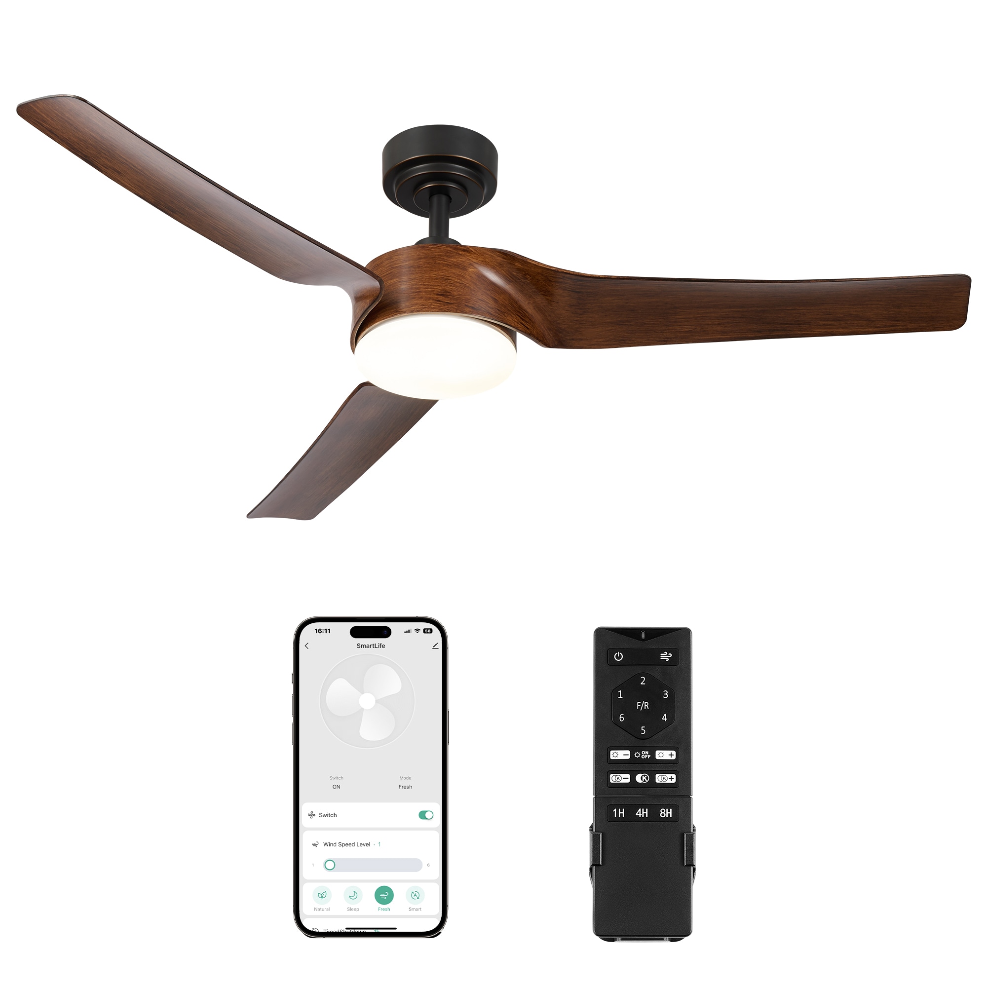 CO-Z 52-in Brown with Polished Blades Integrated LED Indoor Smart Propeller Ceiling Fan with Light and Remote (3-Blade) CFN-1304-DK Sansujyuku sansujyuku.com