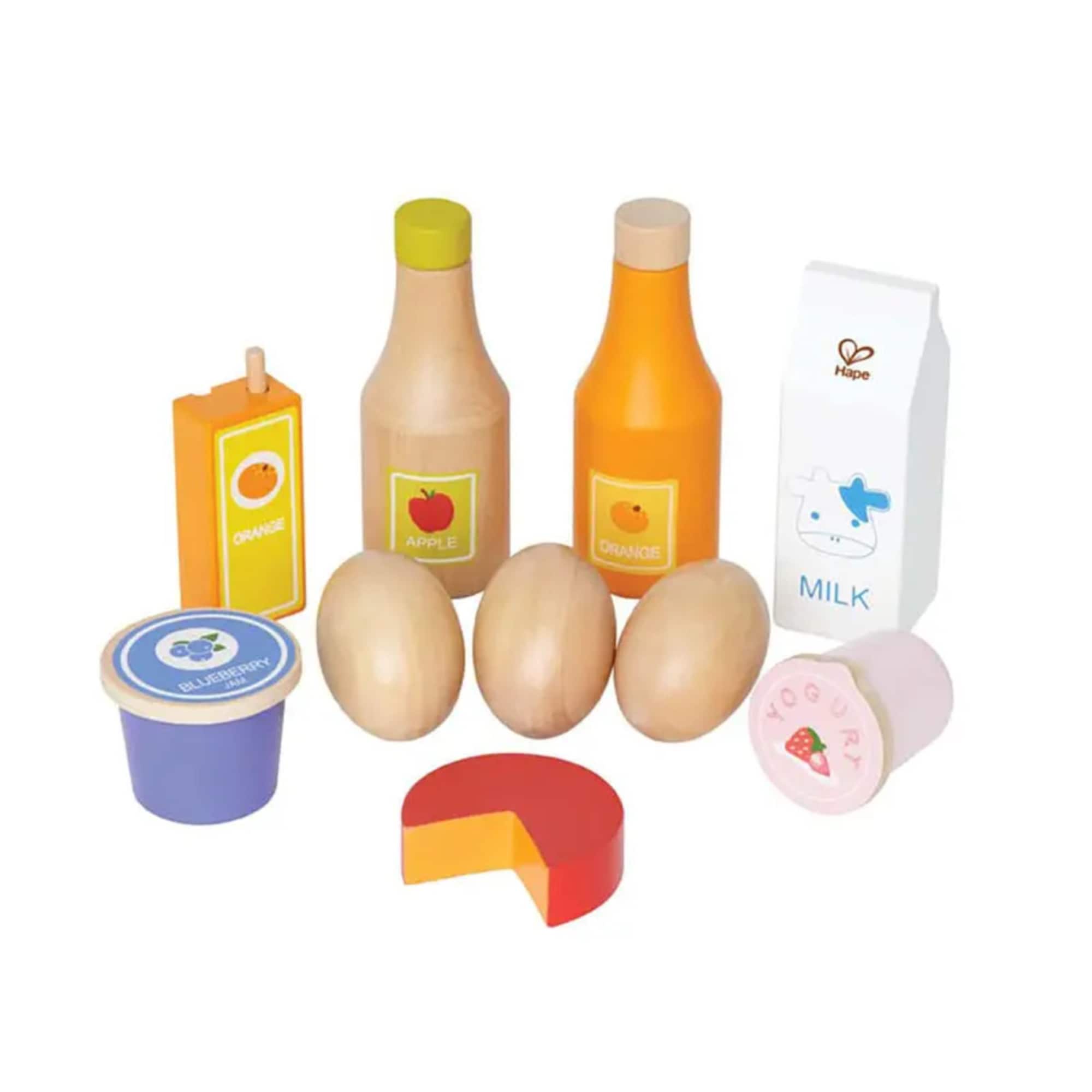 Hape G6943478004344 Healthy Breakfast Set with Eggs, Milk, Juice, Yogurt, and Cheese