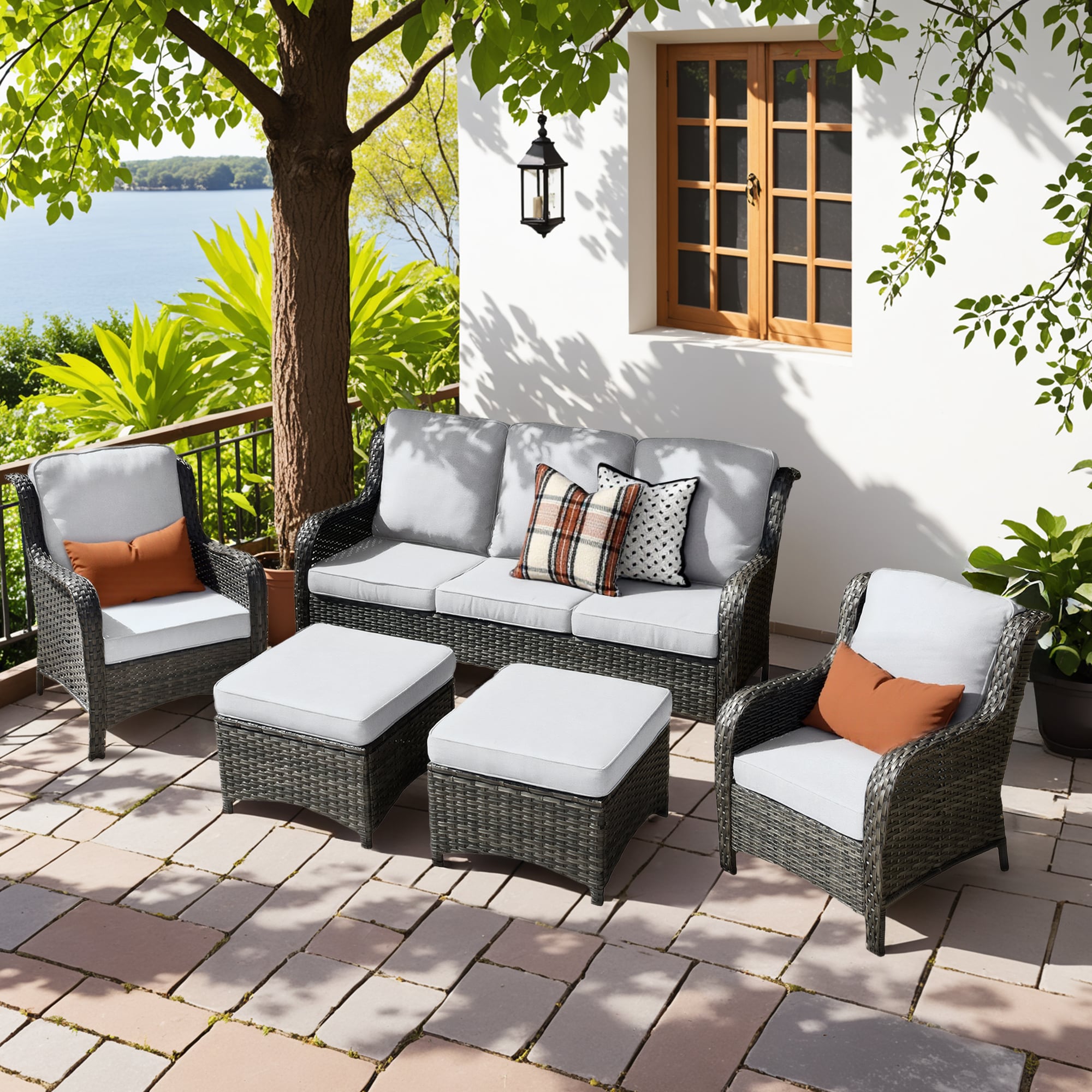 Ovios BRS602 5 -Piece Wicker Patio Sofa Conversation Set with Gray Cushions