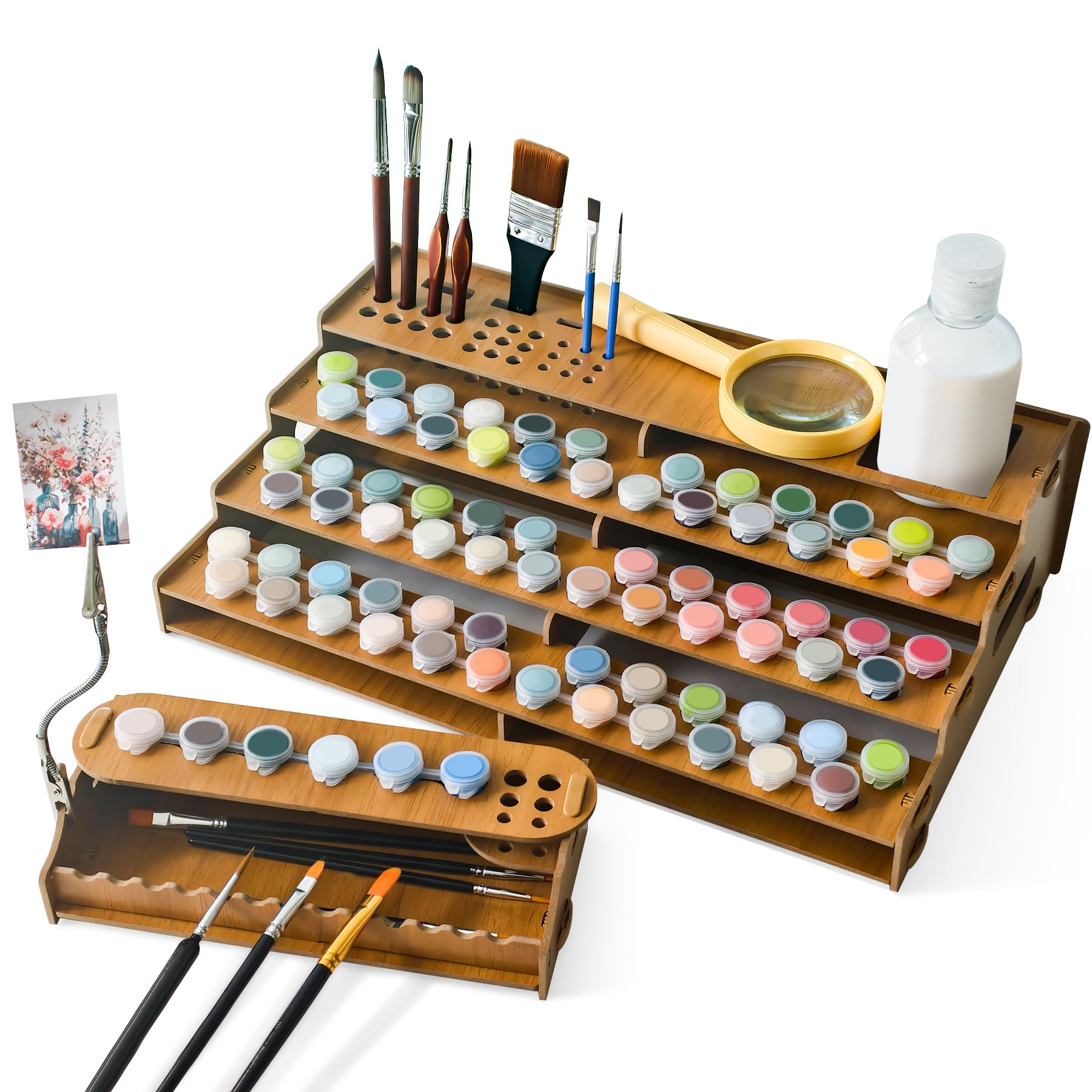 Justincity  Wooden Organizer Rack for Paint by Numbers Storage Holds 78 Paint Pots and 35 Brushes Ideal for Paint by Numbers Kits Accessories and