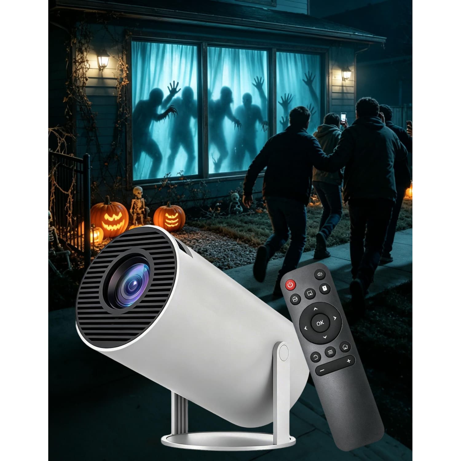 OGETFUUR 30-120in Halloween Window Projector with Built-in Horror Videos 210-degree Rotating Stand Auto Keystone WiFi Bluetooth Speaker Scary Halloween Decorations for Indoor Party Haunted House Battery Not Included