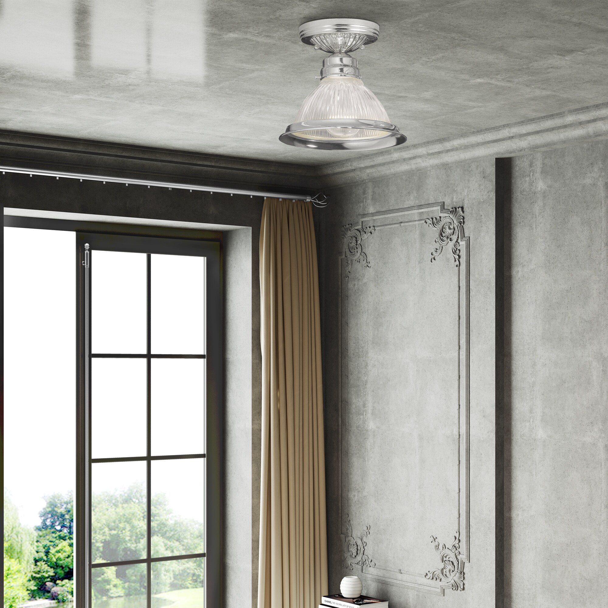 Elegant Brushed Nickel Flush Mount with Clear Ribbed Glass Bowl