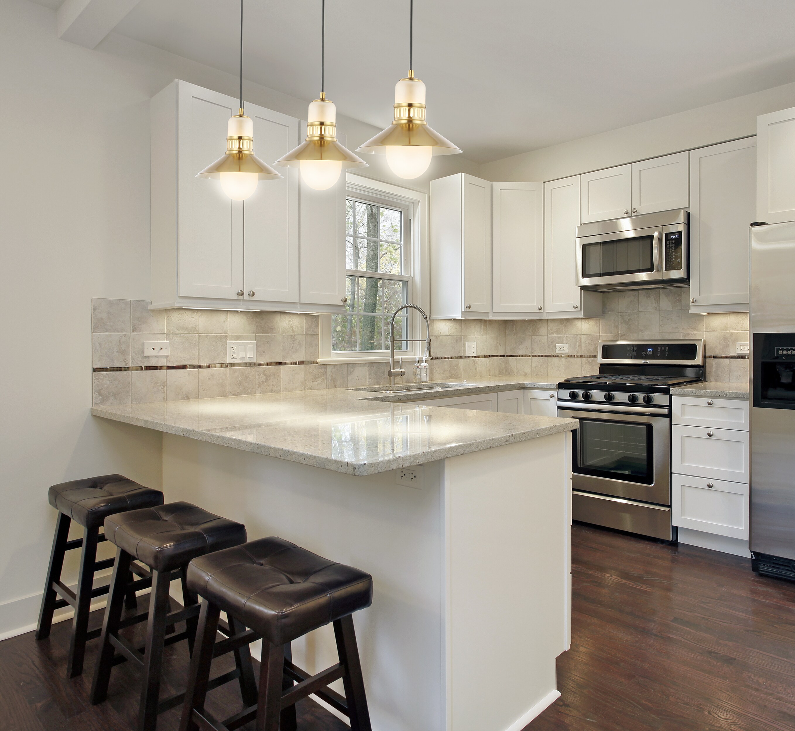 Colin Modern Transitional Brass Gold LED Triple Pendant Light