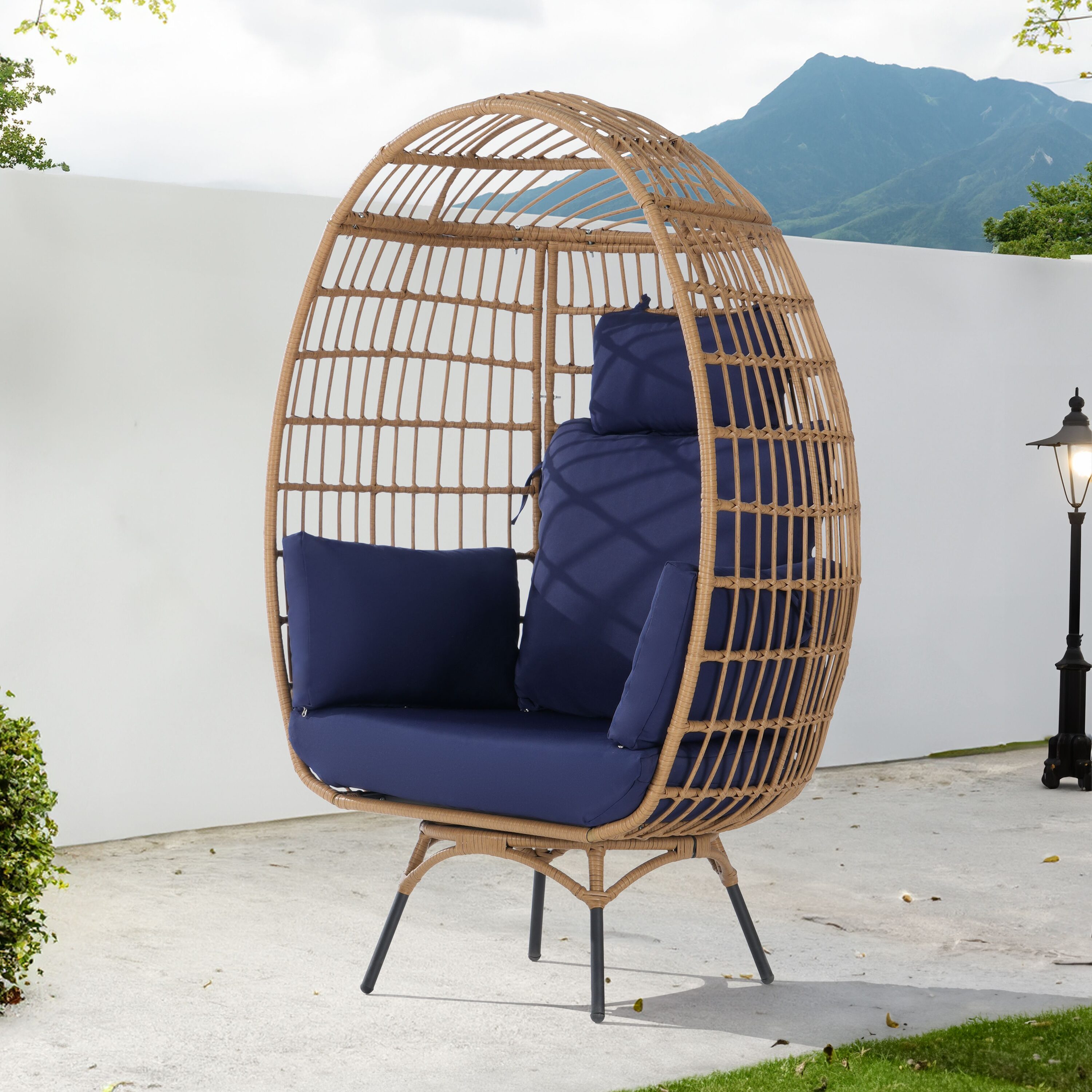 SANSTAR L-RJDC55NY Patio Chairs Wicker Brown Rattan Frame Swivel Egg Chair with Navy 220gsm Polyester Cushioned Seat