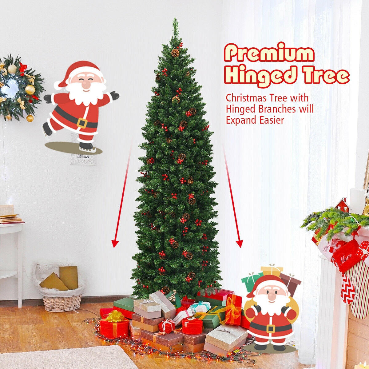 6.5ft Pre-Lit Slim Green Fir Christmas Tree with Pine Cones and Berries