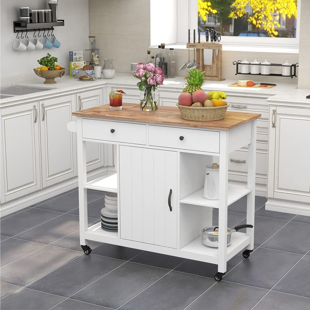 Runesay KI-29 White MDF Base with MDF Rolling Kitchen Island ( 18.9-in x 39.4-in x 35.3-in )