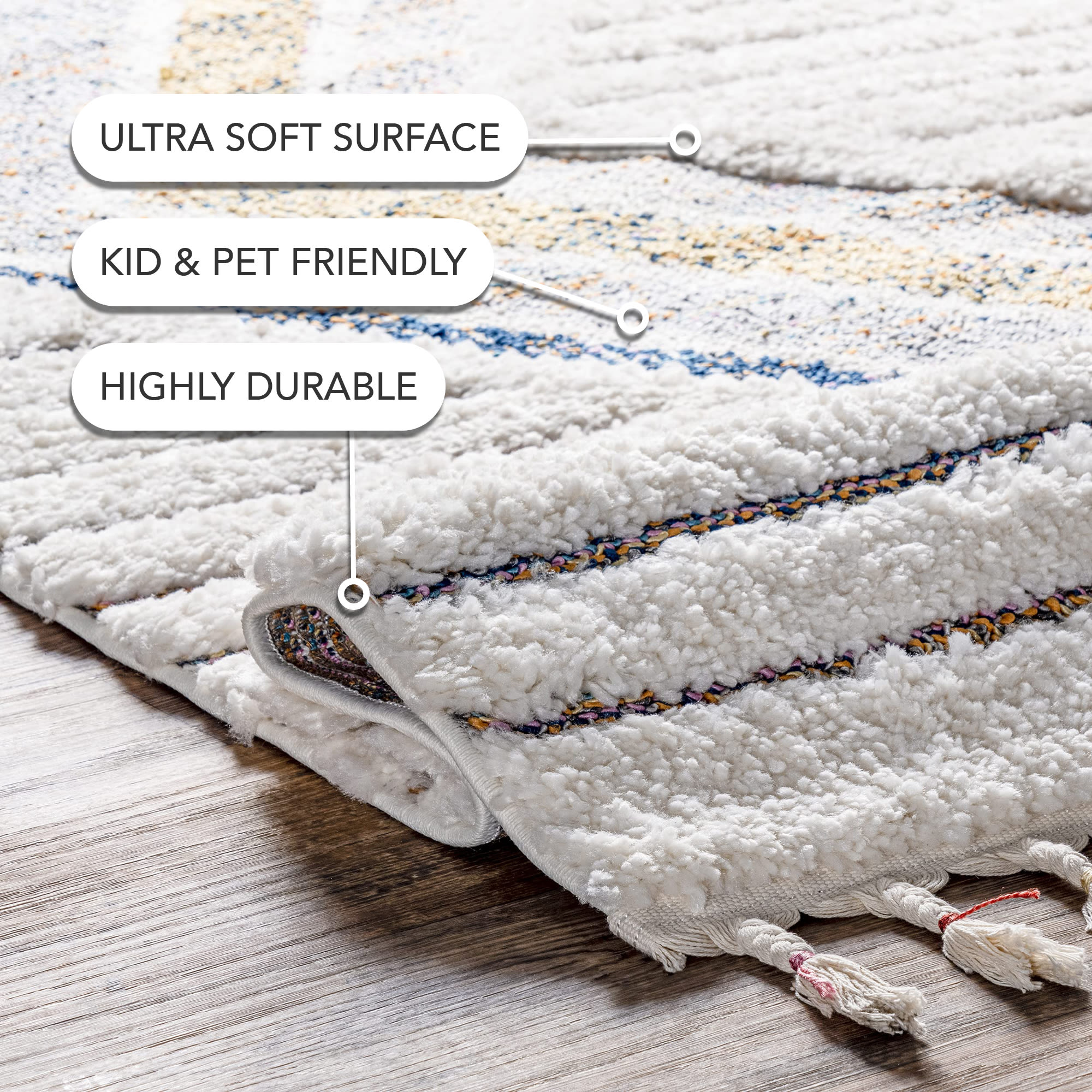 Ivory Geometric Synthetic Rectangular Area Rug with Braided Tassels