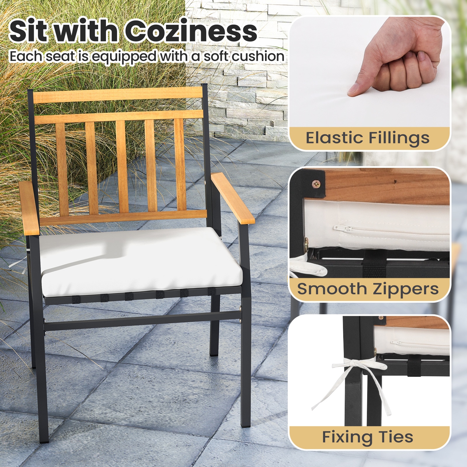 Acacia Wood and Metal 3-Piece Patio Set with Off-White Cushions