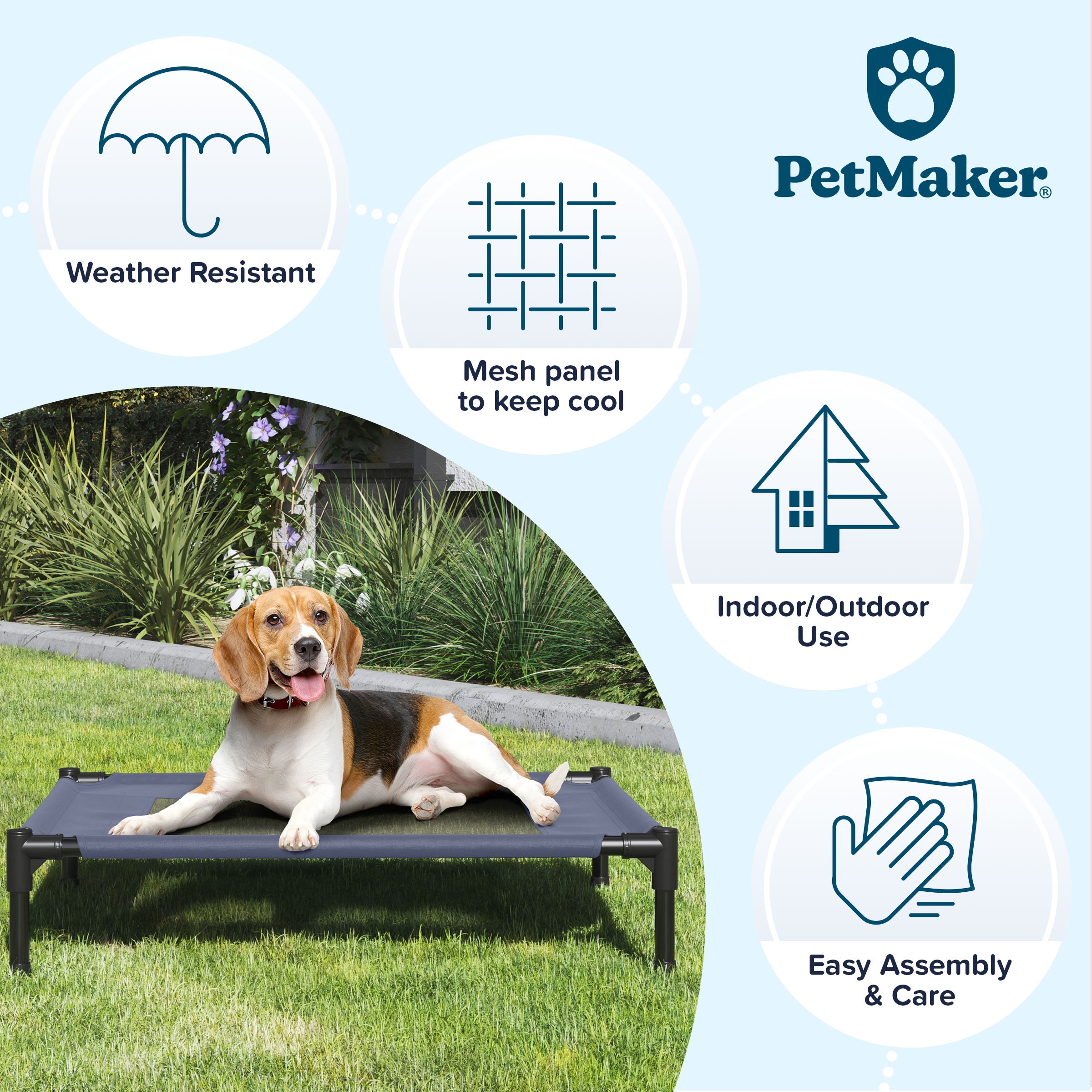 Small Navy Elevated Outdoor Pet Bed with Steel Frame