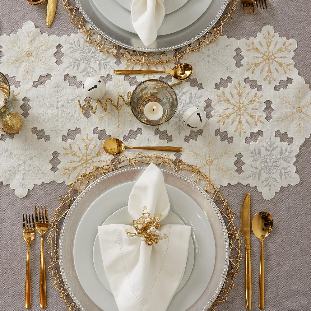 Silver and Gold Embroidered Snowflakes Polyester Table Runner