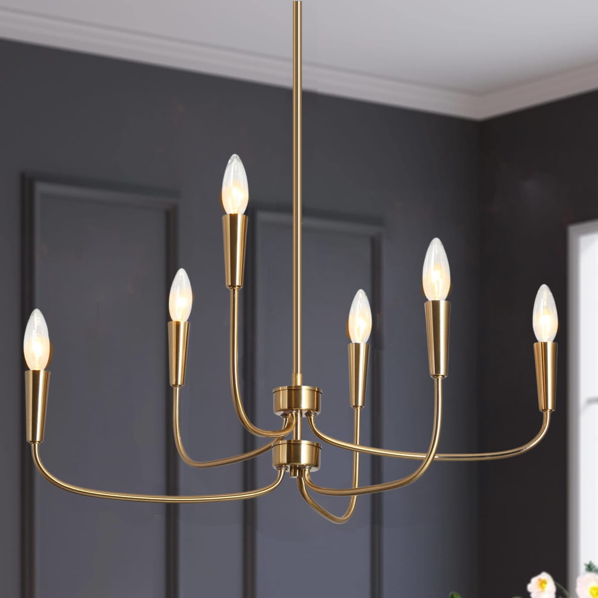 LNC LEIMVZQ5048P8C Astrideer 6 -Light Polished Gold Modern/contemporary Bare bulb For Use in Bedrooms, Dining Rooms, Foyers, Kitchens, Living Rooms Chandelier