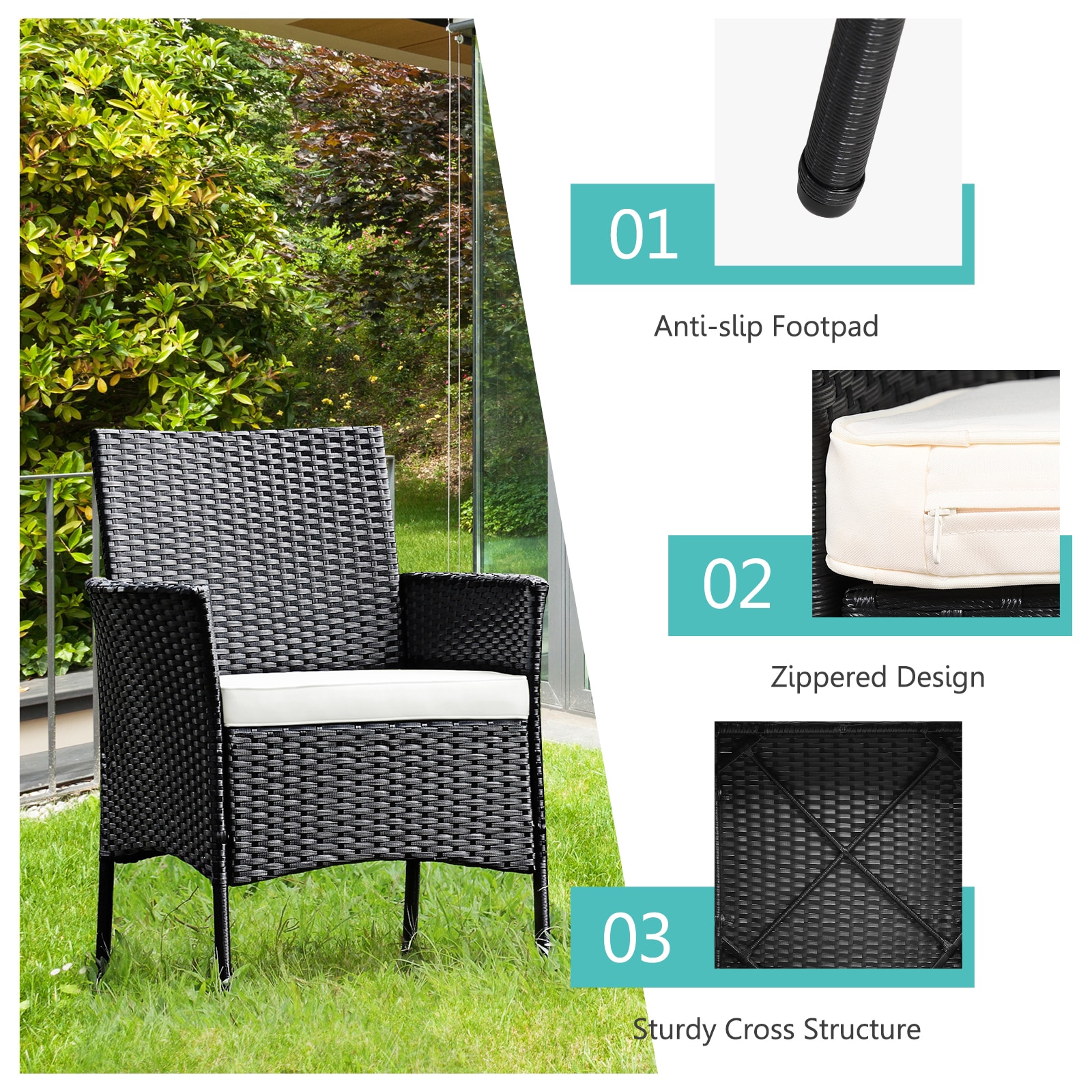 Black Wicker Outdoor Dining Chairs with Cushions, Set of 2