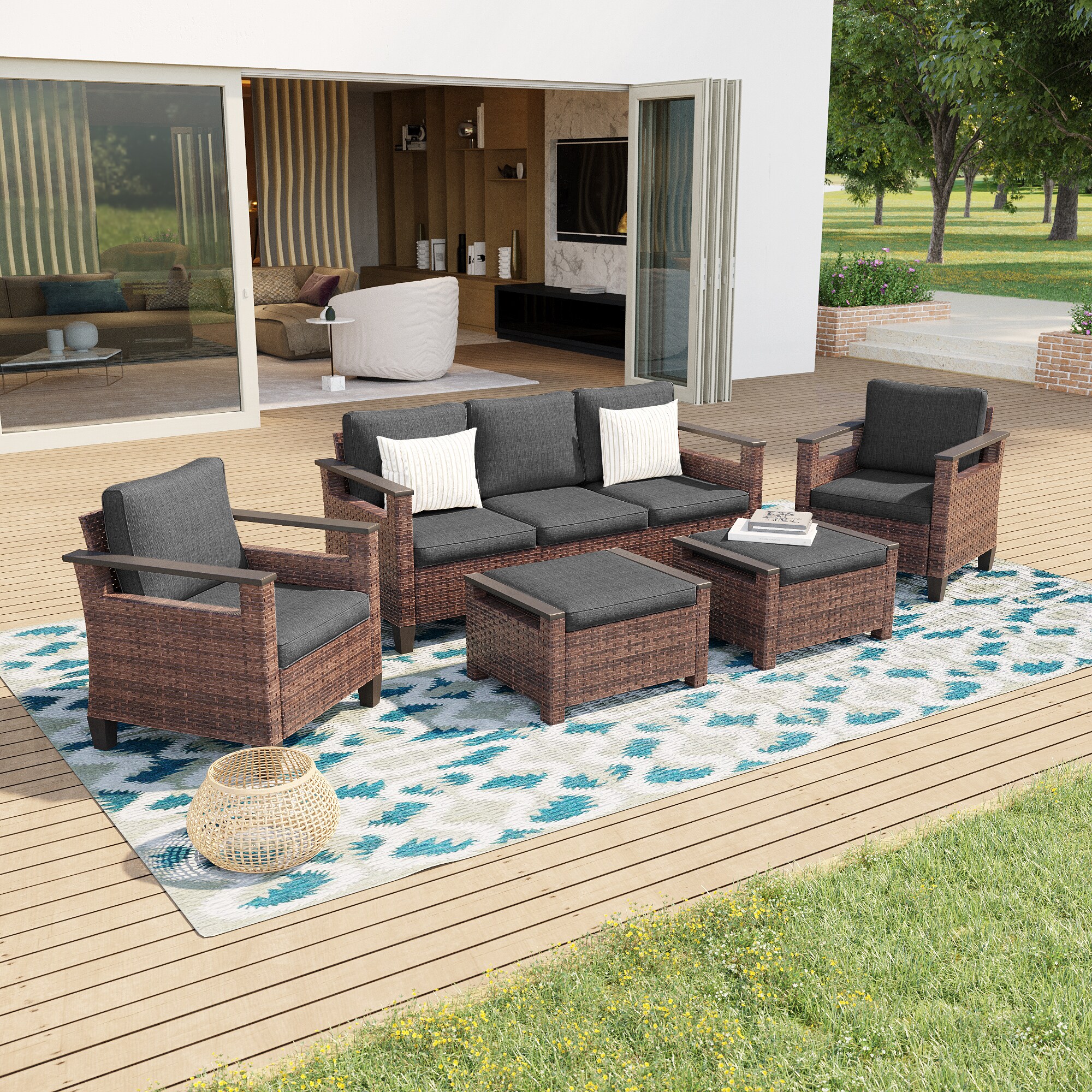 Sonkuki SD-E-HNY-120 5-Piece Wicker Patio Sofa Conversation Set with Black Cushions