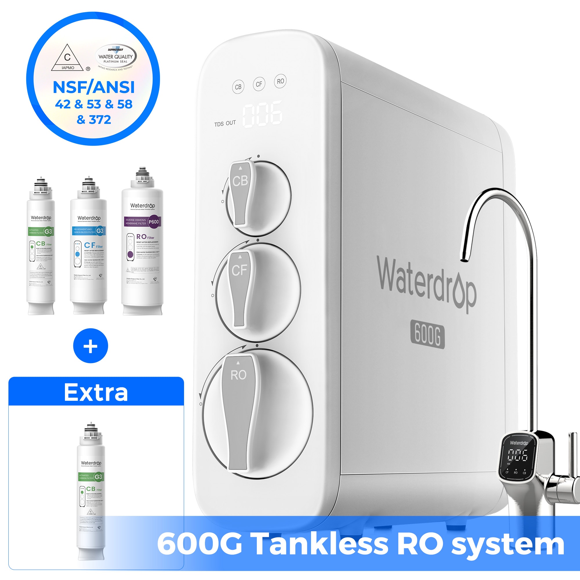 Waterdrop 8-stage G3P600 with CB Filter Composite/Activated carbon Reverse Osmosis Filtration Under Sink Water Filtration System with LED Purifier Stainless Steel Smart faucet Faucet